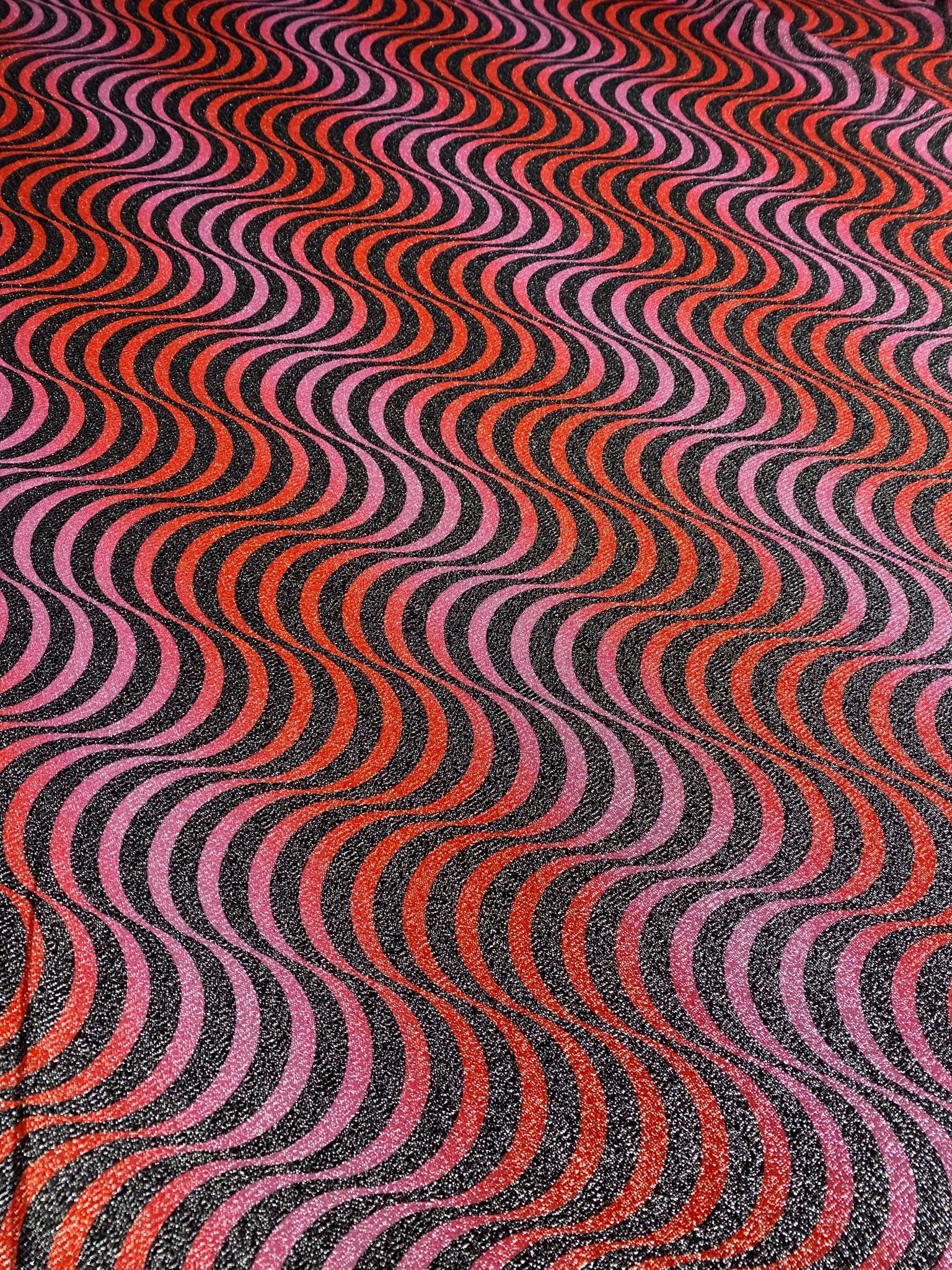 Retro Wavy Pattern Fabric – Purple and Orange Curved Lines on Black Base - Whotex Online Fabric Store