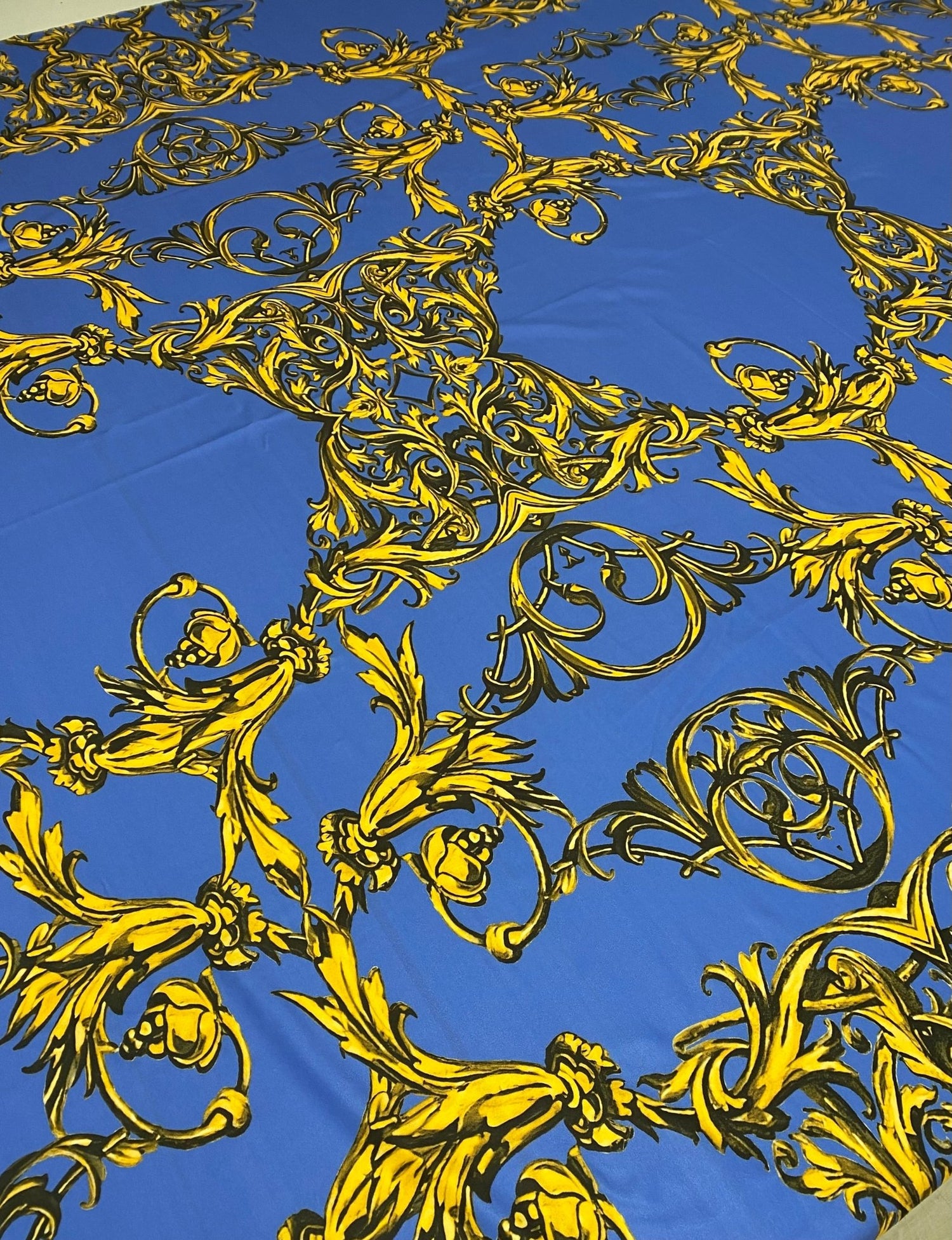 Royal Blue Baroque Pattern Fabric – Custom Printed Fabric on Satin, Crepe, Spandex or Chiffon - Whotex Fabrics London