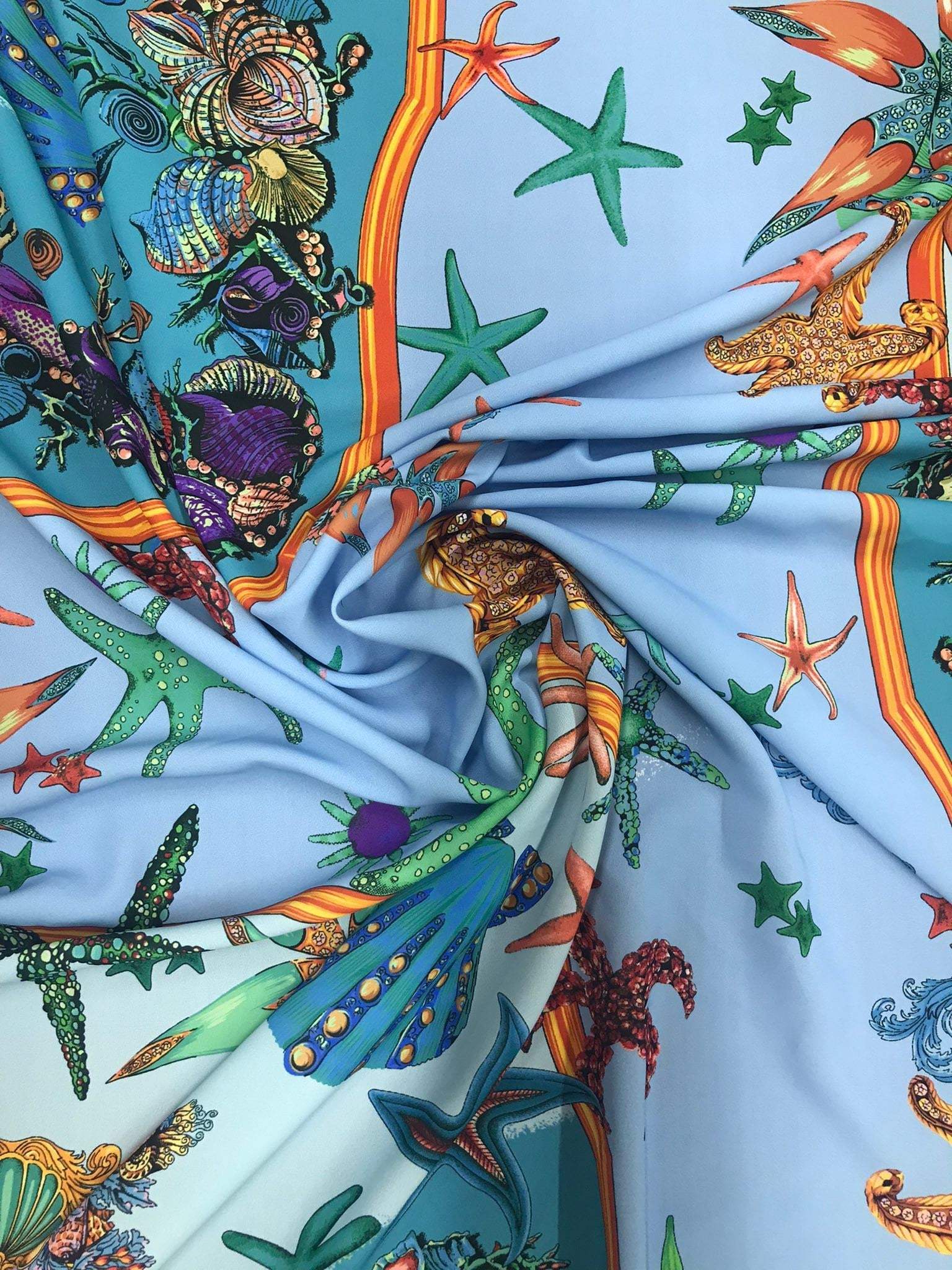Baby blue fabric with colorful oyster shell and starfish sea life pattern, 150cm width sea shell design textile