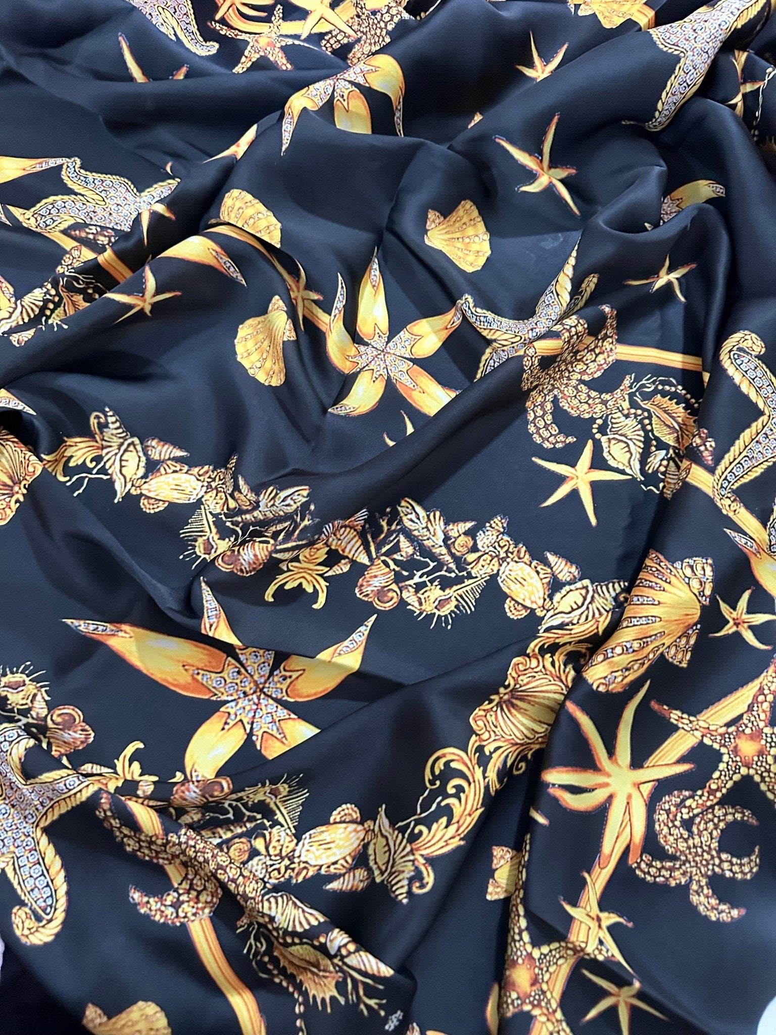 Sea Shell Pattern Fabric, Black Luxury Fabric - Whotex Online Fabric Store