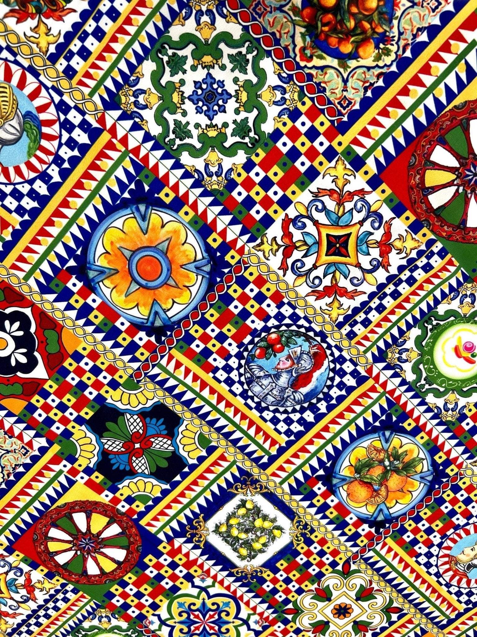 Colorful Sicilian Pattern Italian Fabric with intricate geometric and floral designs for fashion and home décor
