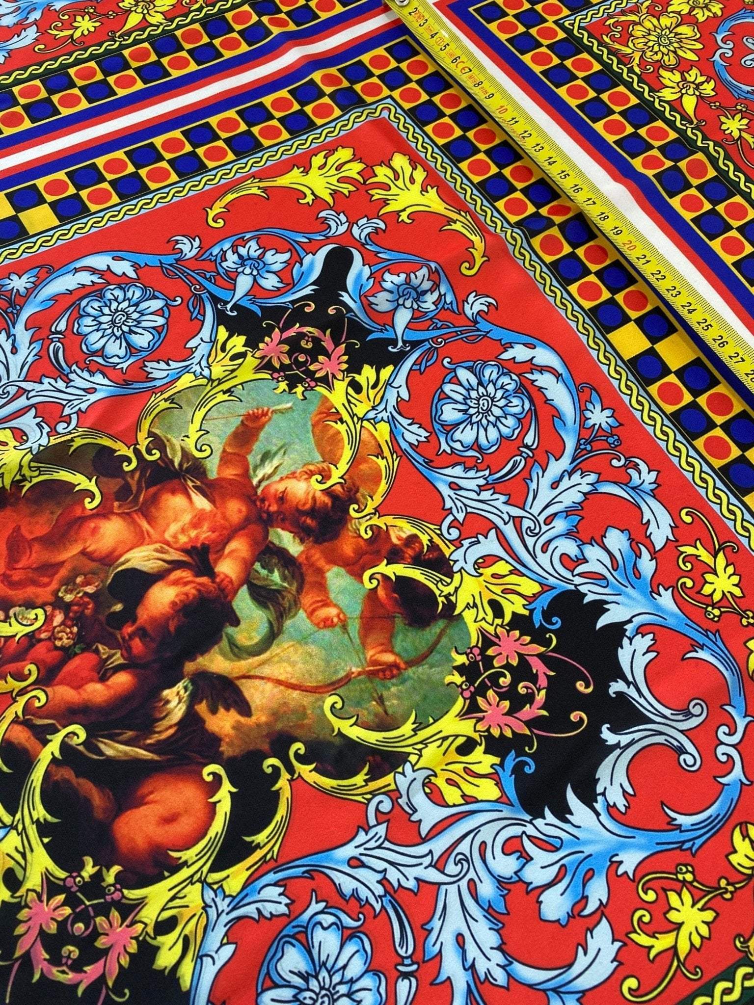 Vibrant Sicilian pattern fabric with red, blue, yellow decorative design and intricate artistic motifs, 150cm width