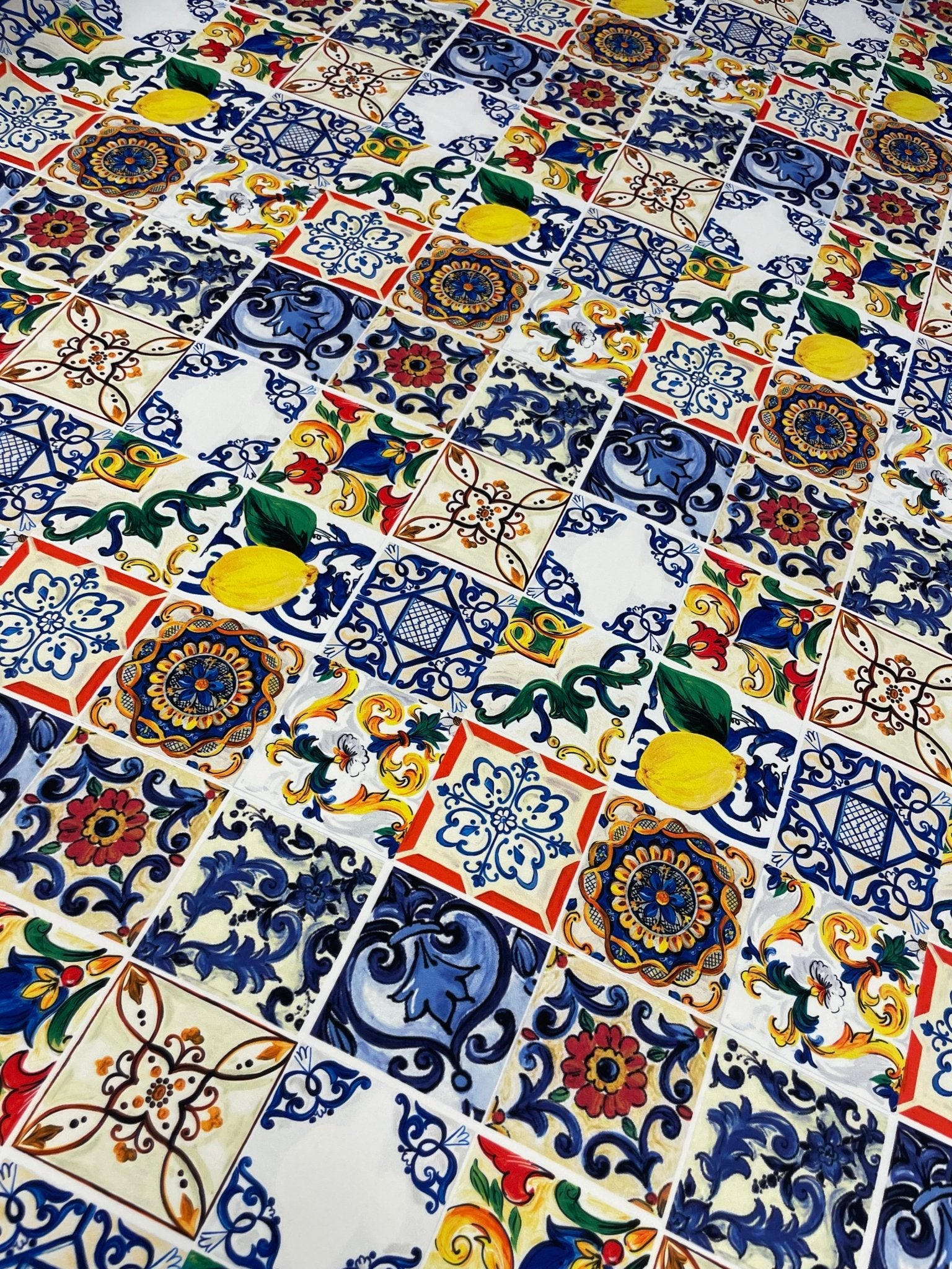 Sicilian Tile & Lemon Print Crepe Fabric by the Metre – Mediterranean Style - Whotex Online Fabric Store