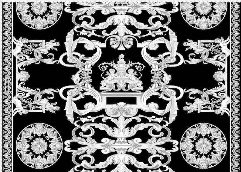 Silver Baroque black fabric with intricate silver baroque pattern on a black background, ideal for upholstery and fashion design
