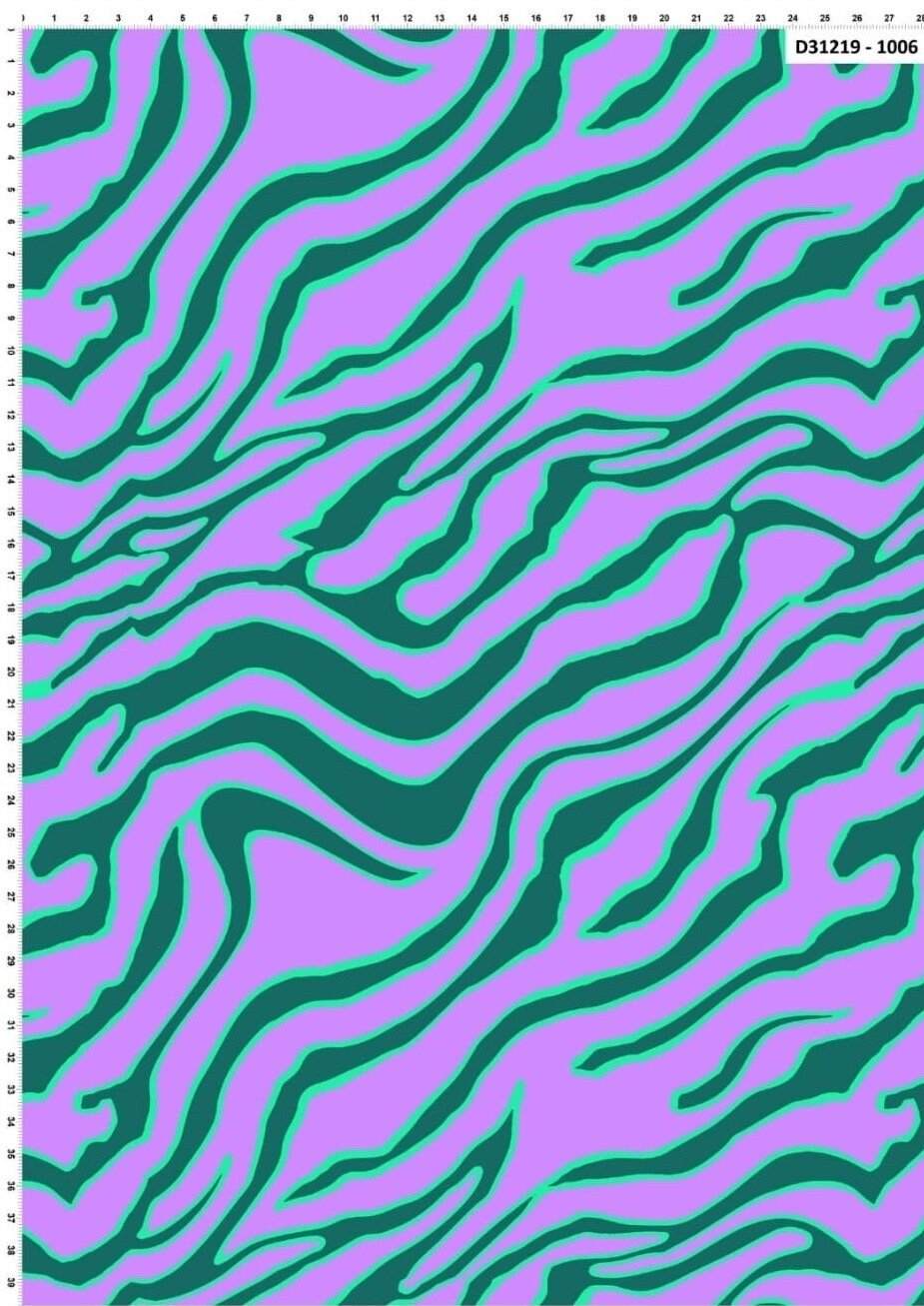 Exotic tiger pattern fabric in vibrant green and purple with bold animal print design, 150cm width