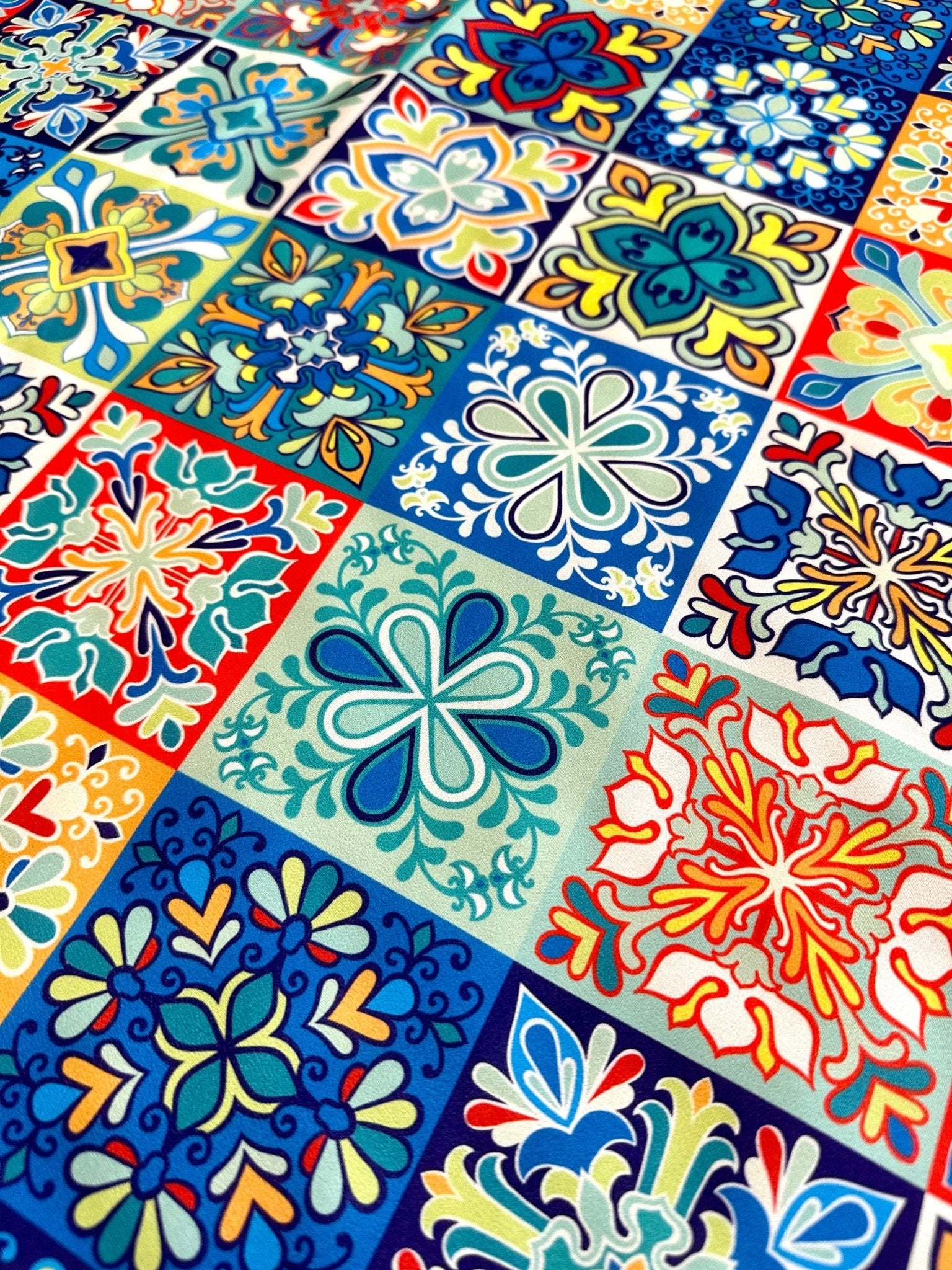 Tile Pattern Fabric By The Yard, Small Squares Filled Majolicas - Whotex Online Fabric Store