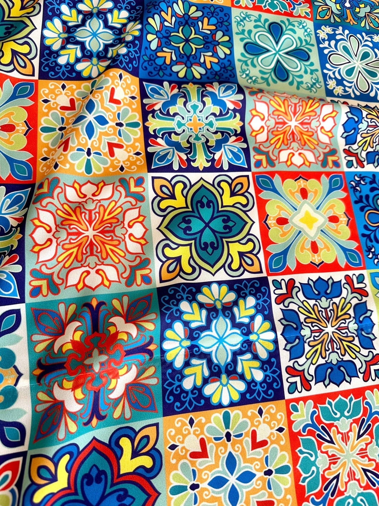 Tile Pattern Fabric By The Yard, Small Squares Filled Majolicas - Whotex Online Fabric Store