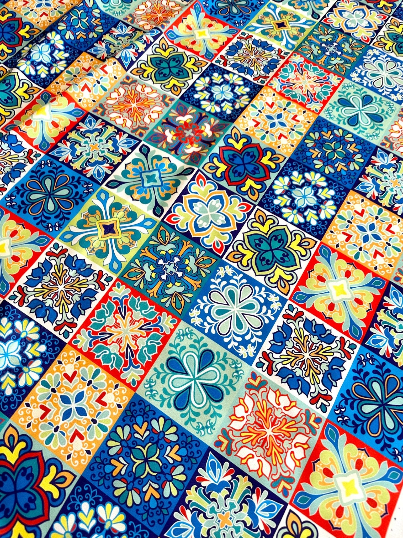 Tile Pattern Fabric By The Yard, Small Squares Filled Majolicas - Whotex Online Fabric Store
