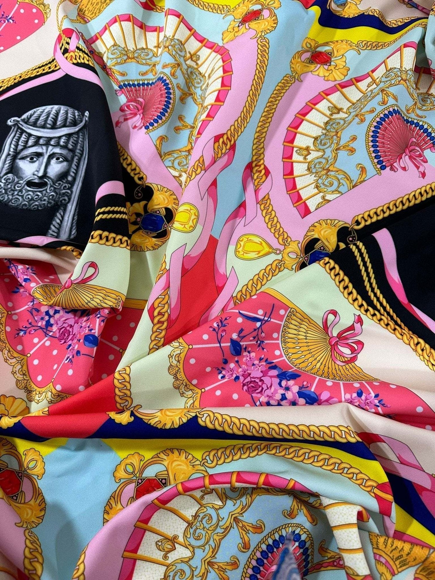 Vintage Baroque pattern fabric with multicolor abstract design, sold by the yard, perfect for upholstery, curtains, and apparel.