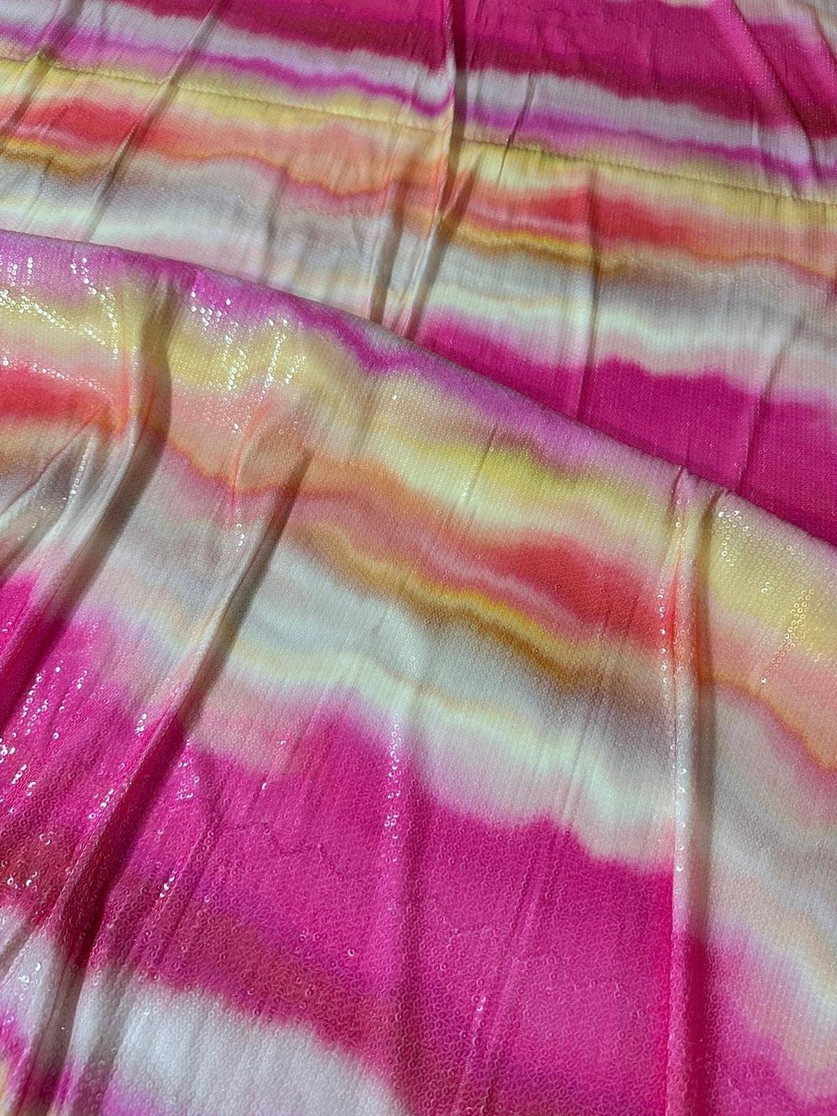 Wavy pink soft color sequin fabric with shimmering gradient stripes and 2-way stretch for evening wear