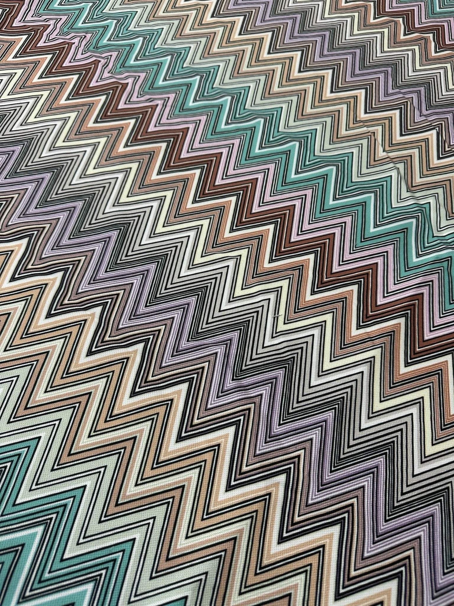 Zigzag chevron upholstery fabric with multicolor soft print for outdoor curtains, tablecloths, and handbags