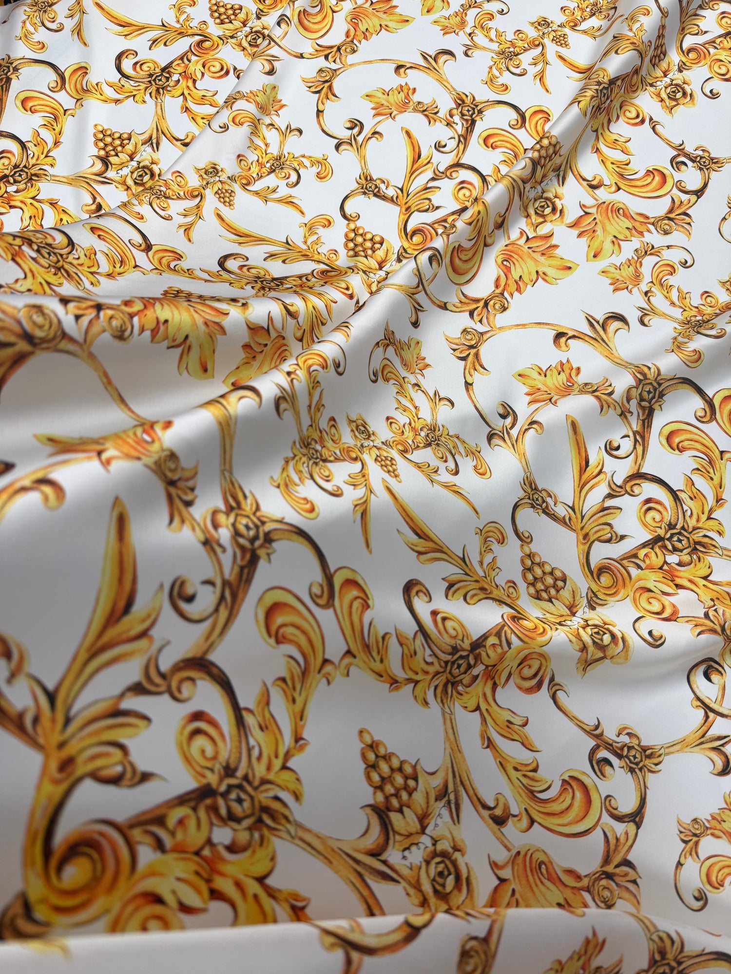 White and Gold Baroque Print Fabric – Available in Satin, Crepe, Spandex & Chiffon | By Metre