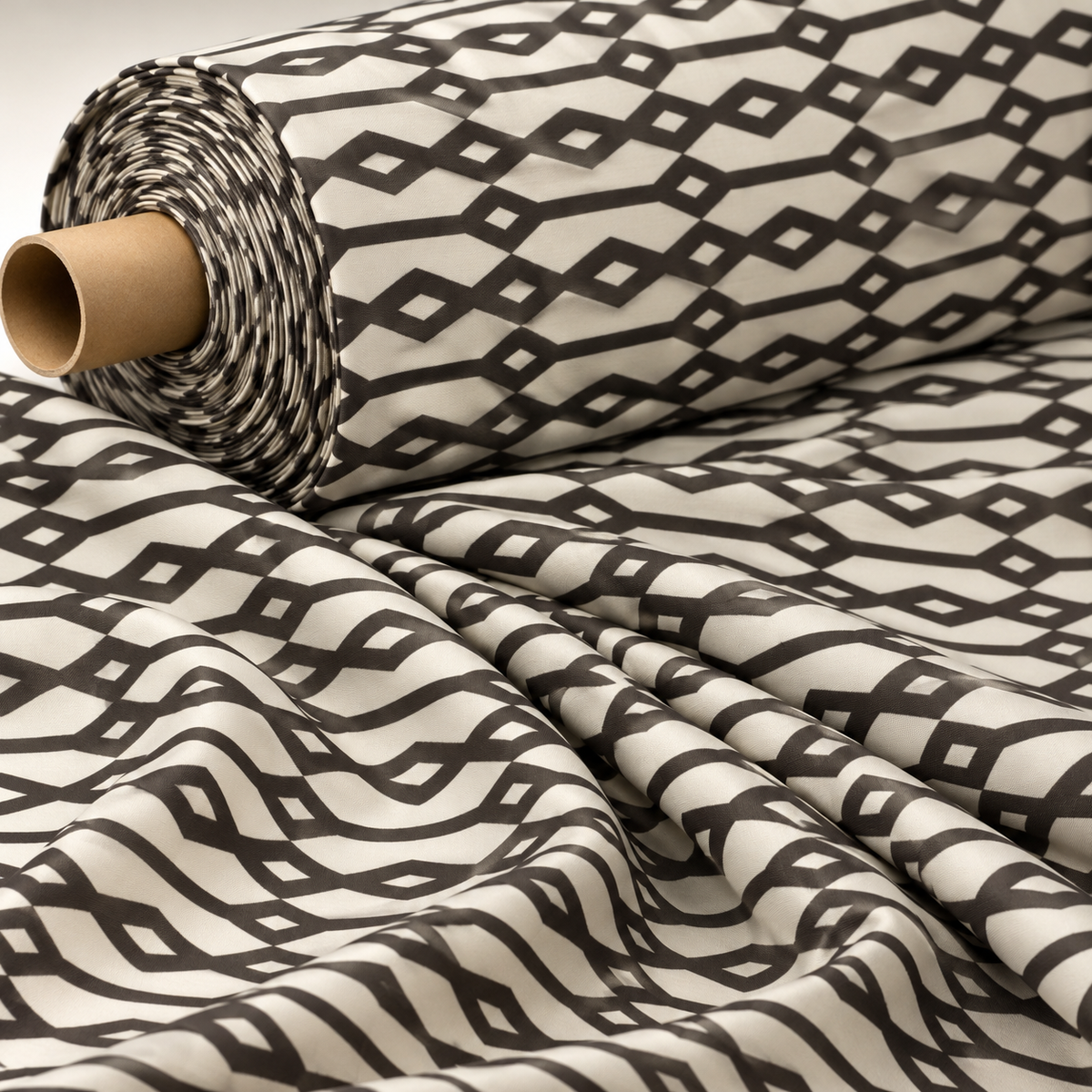 Geometric Diamond Fabric – Black & Beige Minimal Print by the Metre