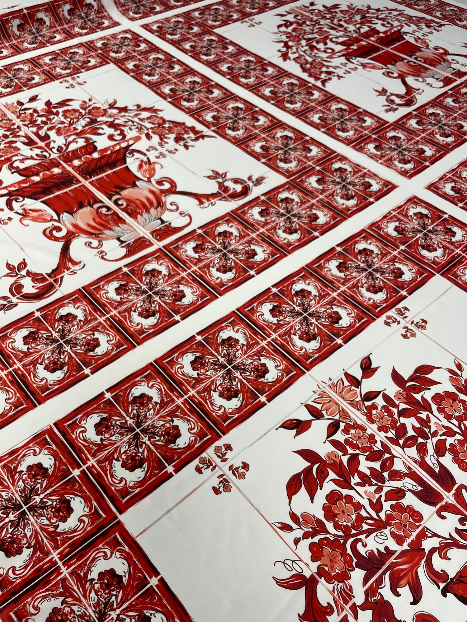 Red Floral Tile Crepe Fabric by the Metre – Elegant Design