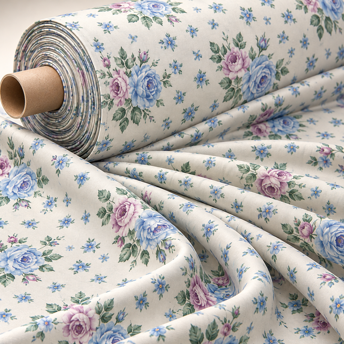 Vintage Floral Fabric – Blue & Lilac Rose Print