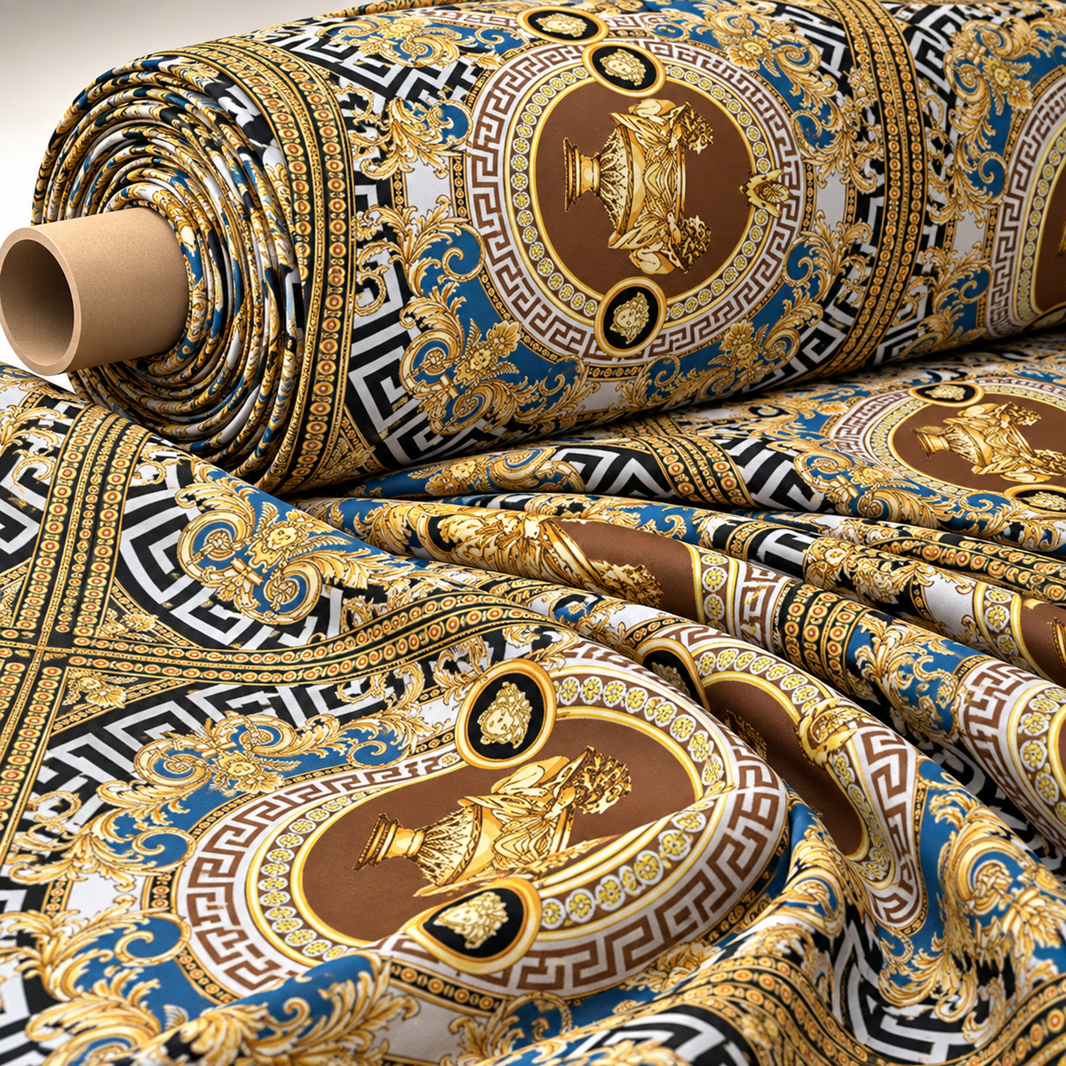 Gold & Blue Ornate Pattern Luxury Baroque Design Fabric by Metre
