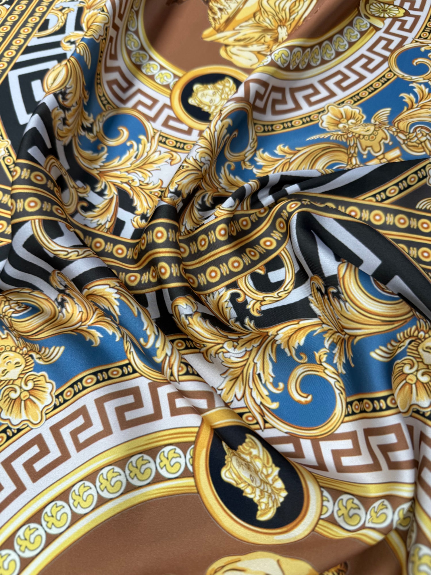 Gold Blue Baroque Satin Fabric by the Metre