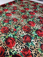 Leopard & Red Rose Crepe Fabric by the Metre – Bold Print featuring striking leopard and red rose patterns.