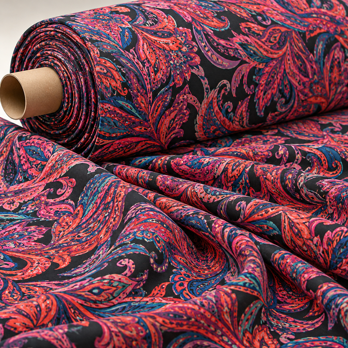 Bold Red Paisley Print Fabric on Black Fabric by the Metre