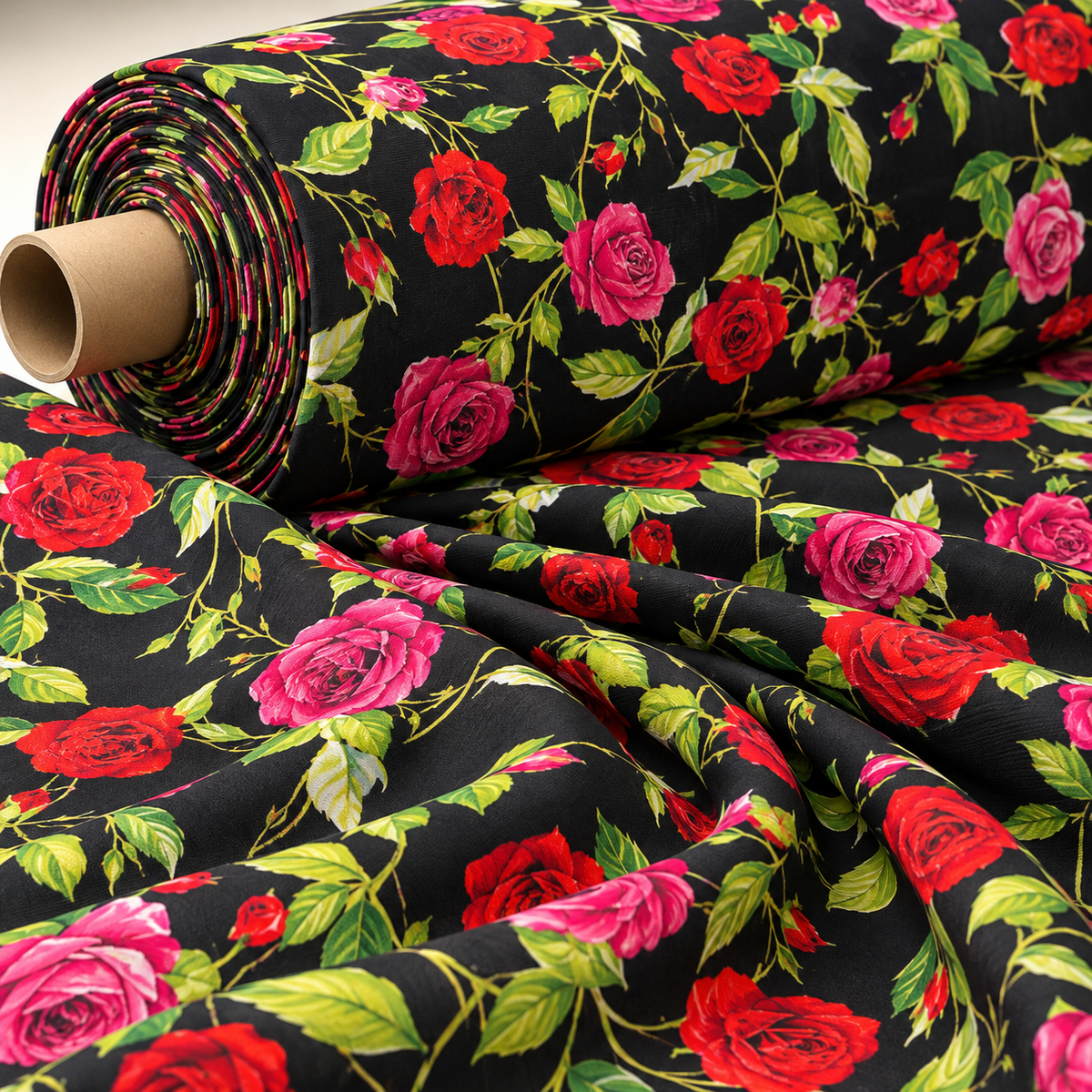 Red & Pink Roses on Black Organic Cotton Poplin Fabric by the Metre