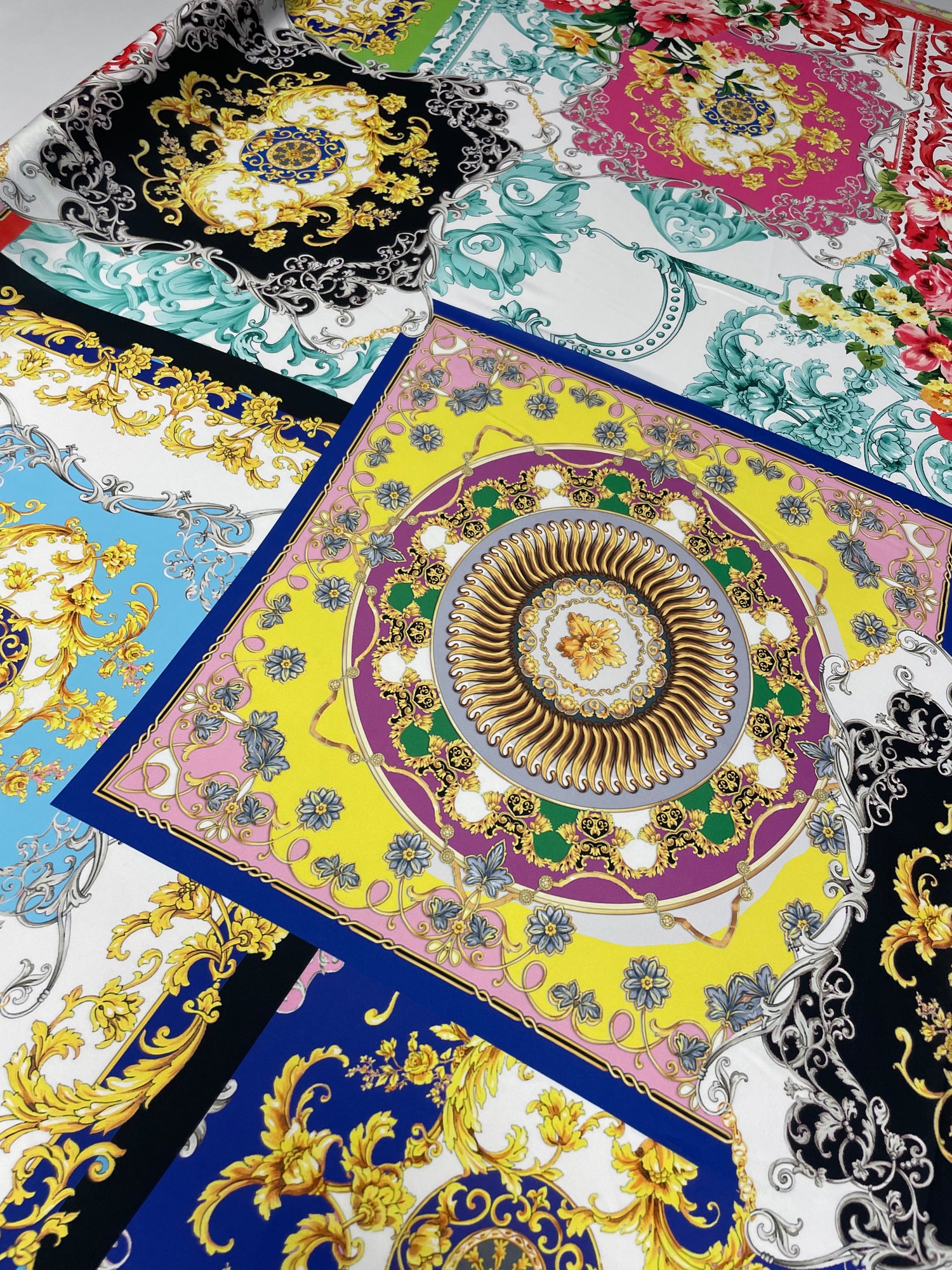 Multicolour Baroque Print Satin Fabric by the Metre