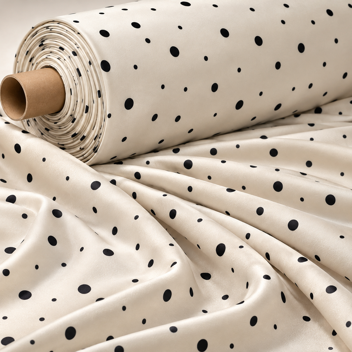 Elegant Polka Dot Fabric – Soft Beige with Black Dots