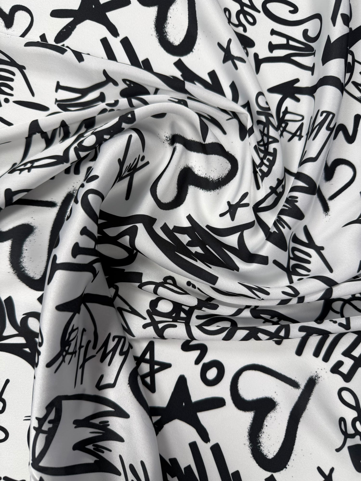 Black Graffiti Satin Fabric by the Metre