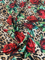 Leopard & Red Rose Crepe Fabric by the Metre – Bold Print showcasing vibrant leopard and red rose pattern.