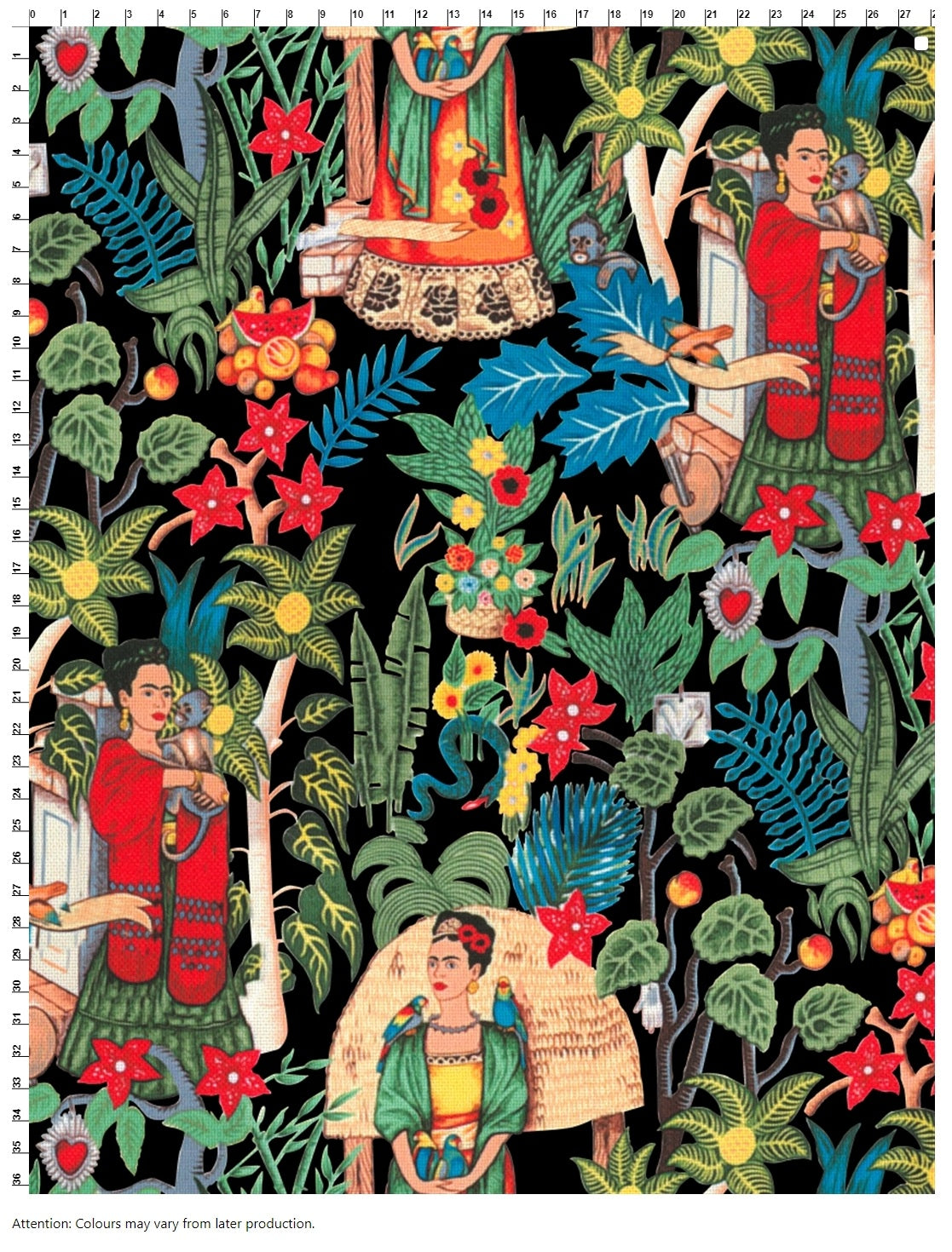 Frida Kahlo Tropical Black Background Fabric by the Metre