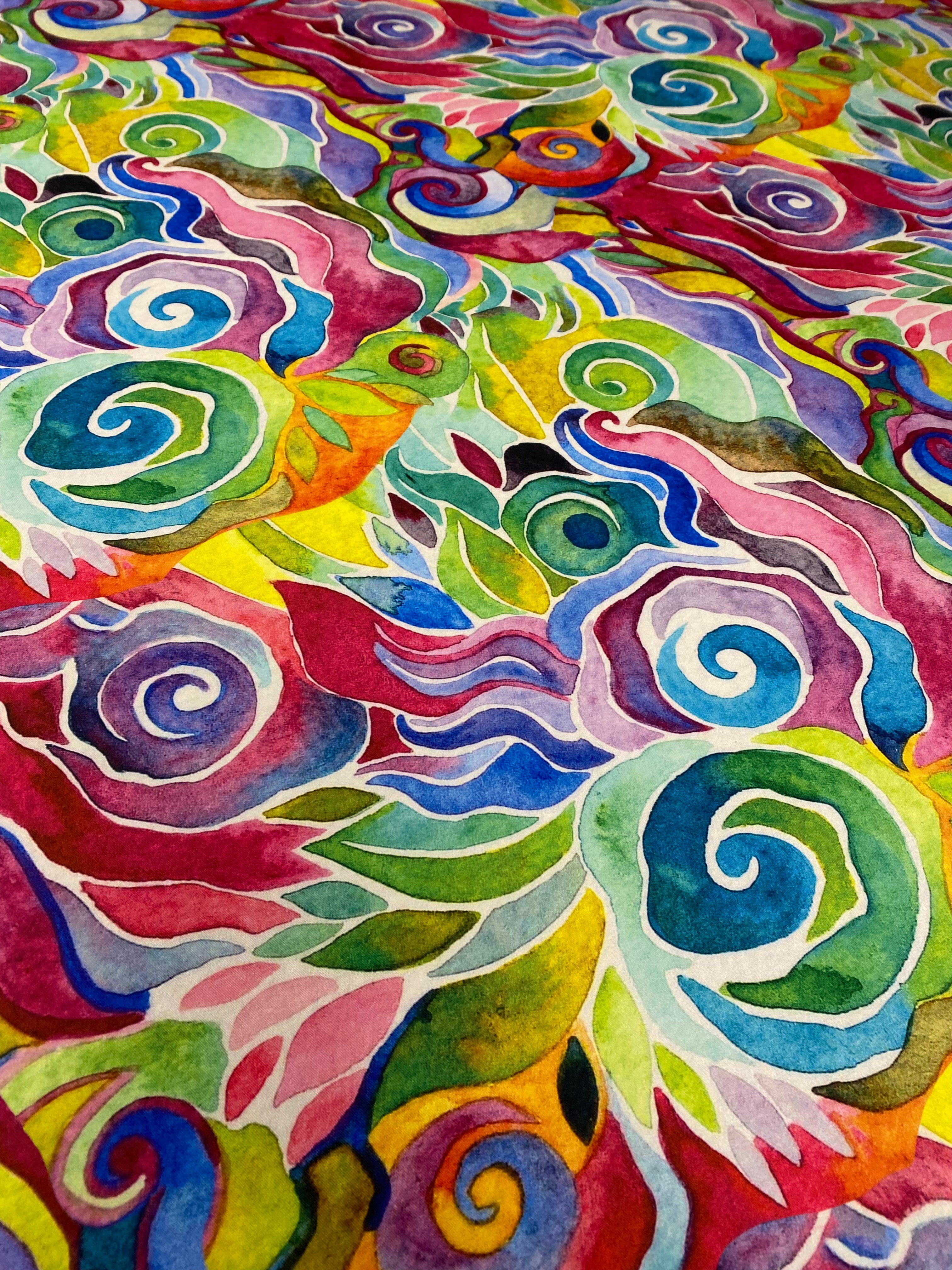 Tejido floral teñido anudado abstracto con patrón vibrante para confeccionar prendas