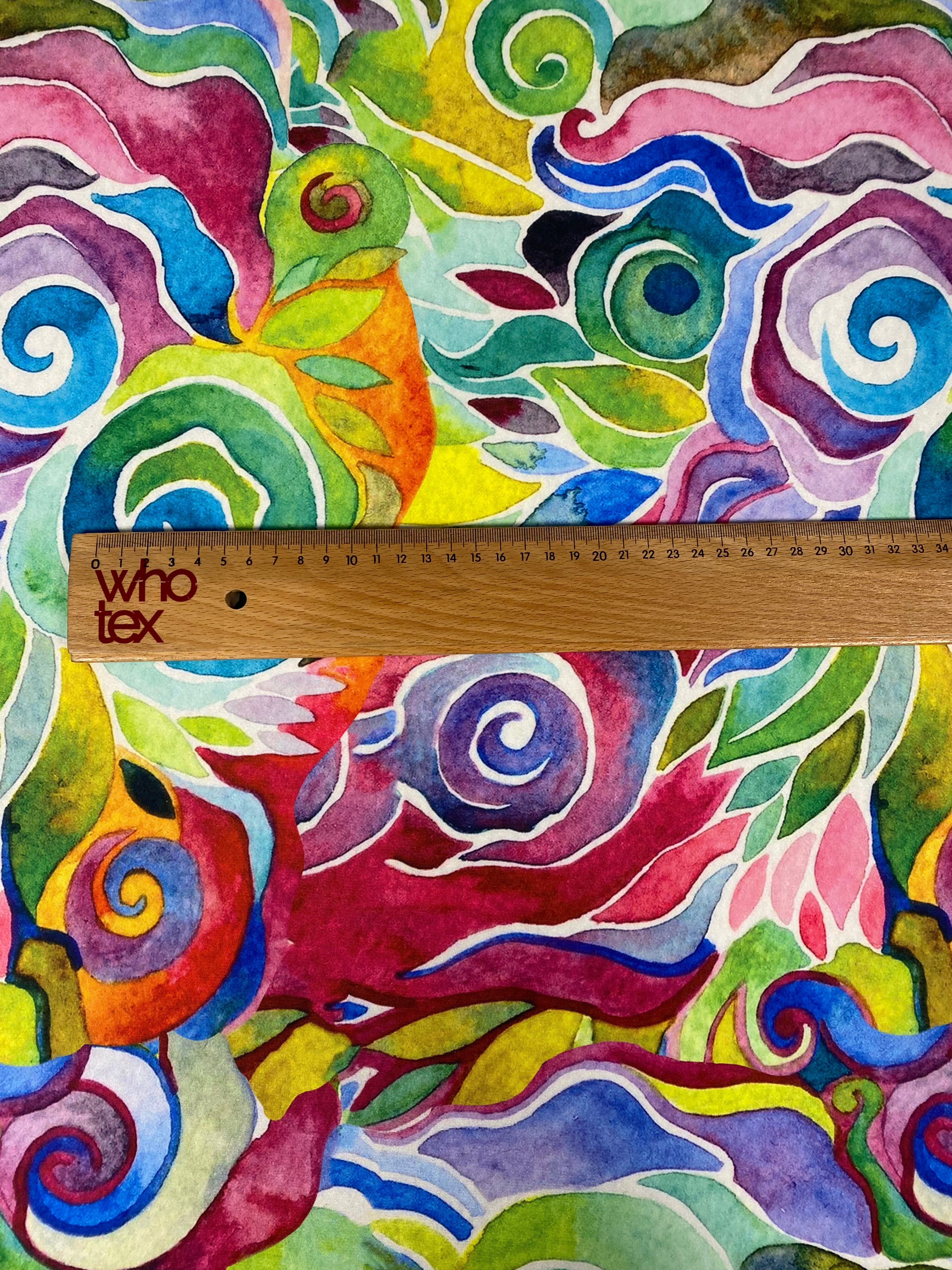 Tejido floral teñido anudado abstracto con patrón vibrante para confeccionar prendas