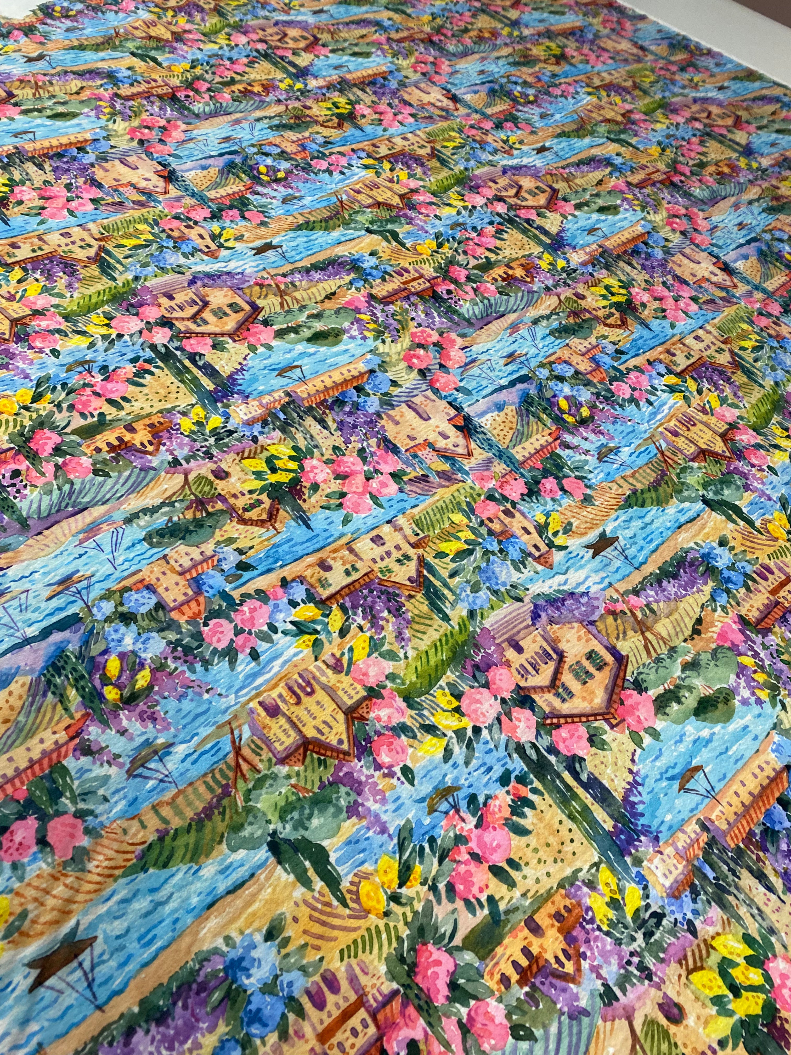 Watercolor Coastal Village Print Fabric
