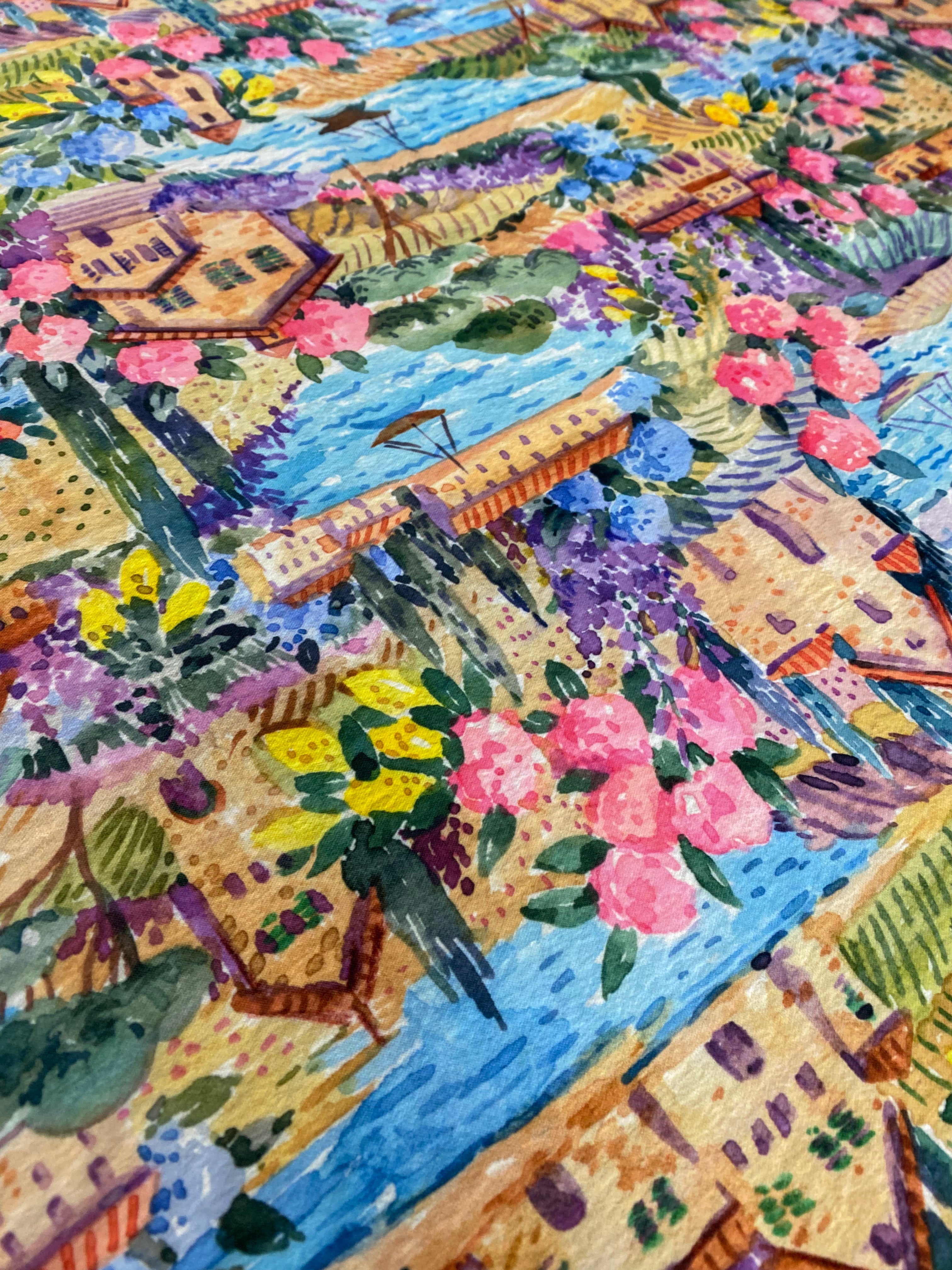 Watercolor Coastal Village Print Fabric