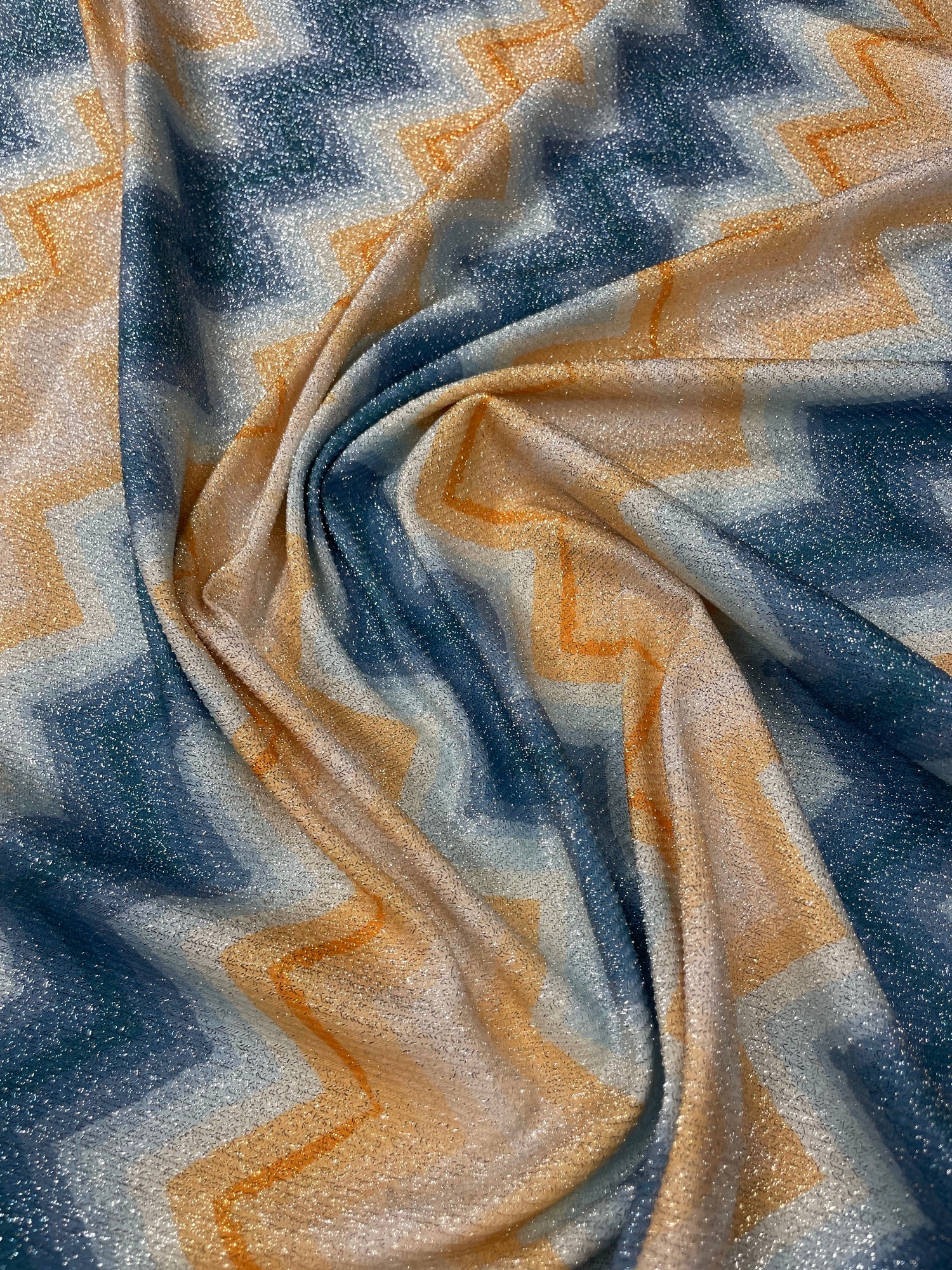 Blue and Gold Chevron Lurex Fabric by the Metre