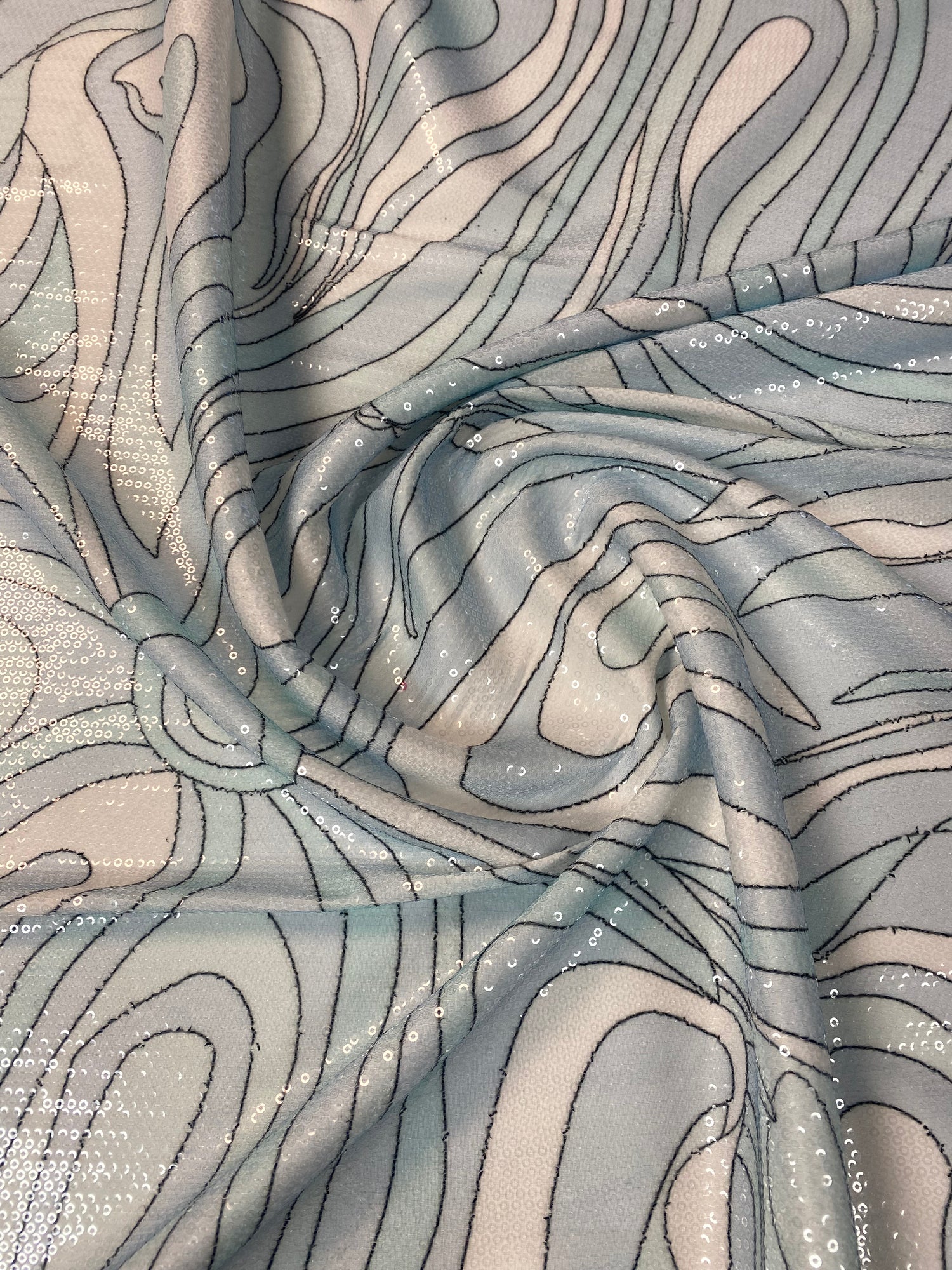 Abstract Baby Blue Swirl Sequin Fabric by the Metre
