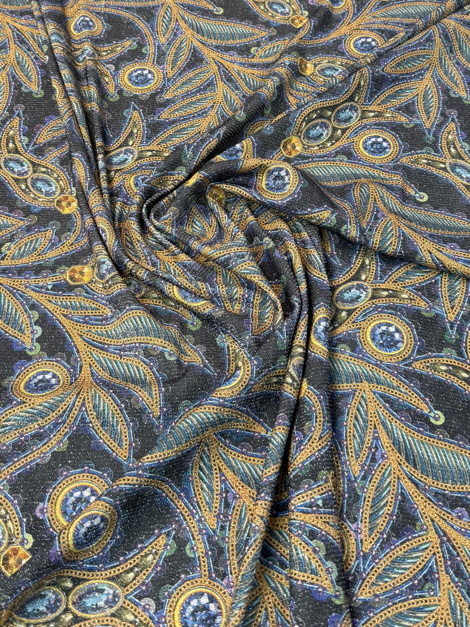 Navy & Gold Leaf Pattern Lurex Fabric by the Metre