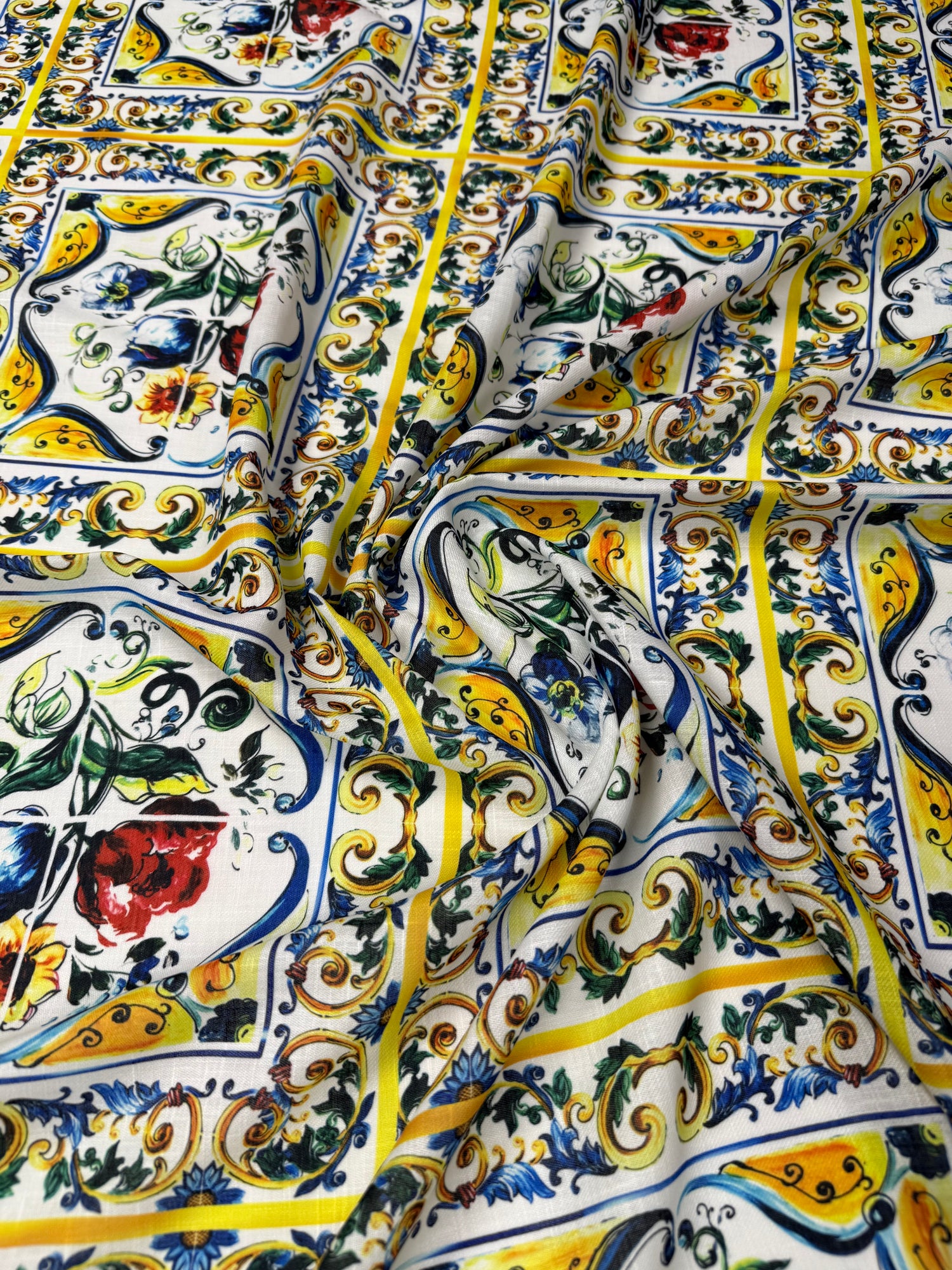 Blue and Yellow Floral Majolica Pattern Fabric Sold by Metre