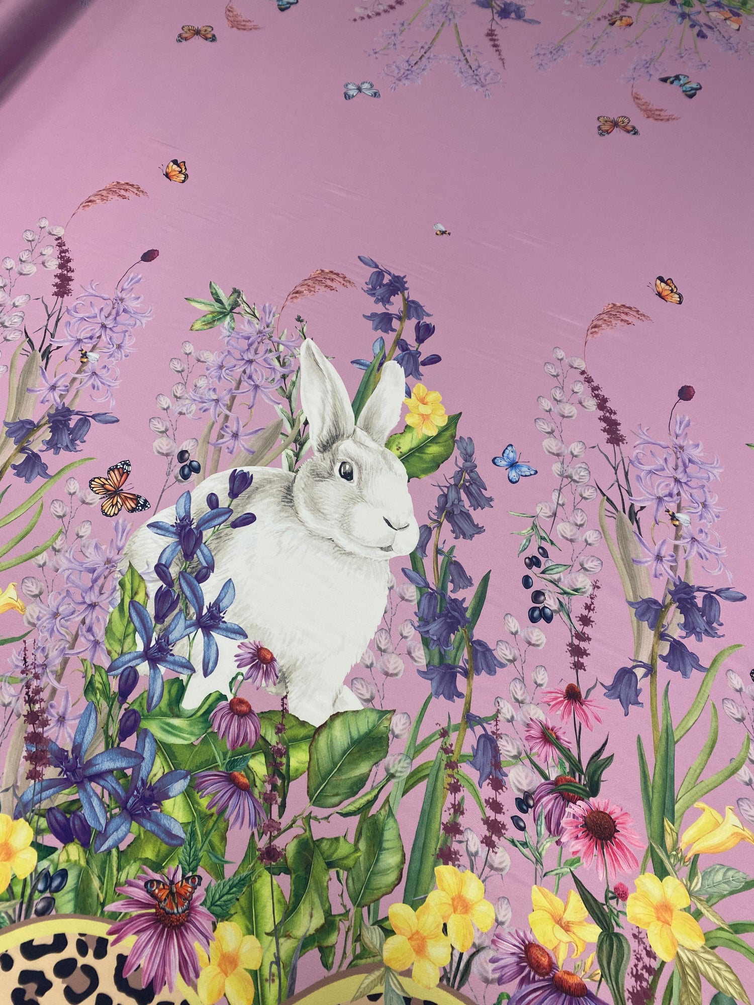 Pink Satin Fabric with Rabbit & Floral Garden Print