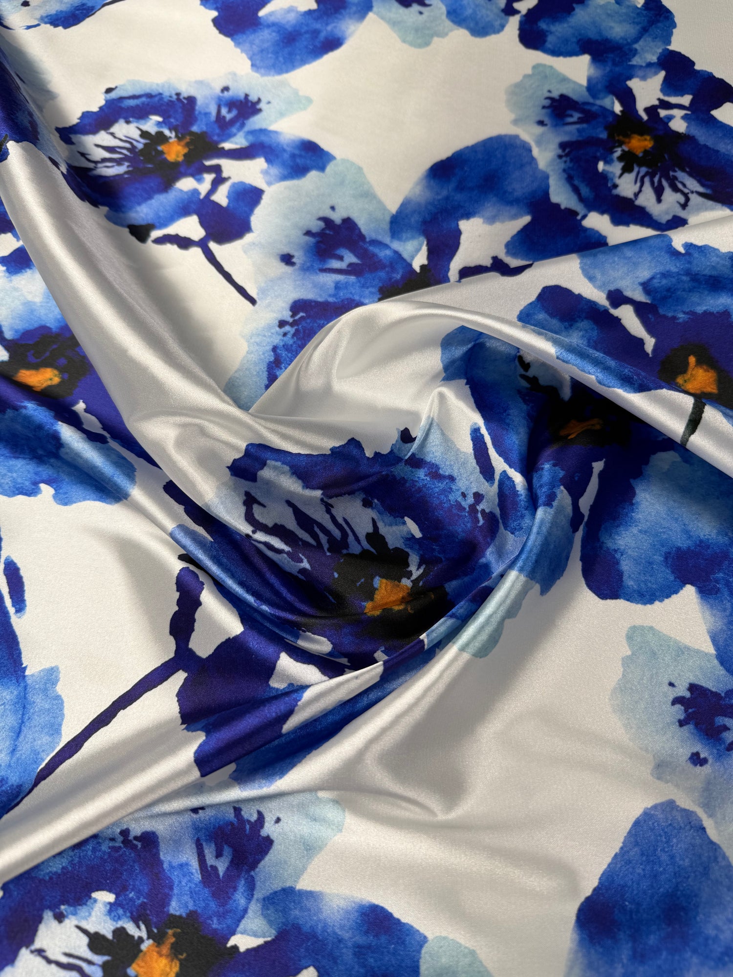 Blue Floral Lycra Satin Fabric by the Metre