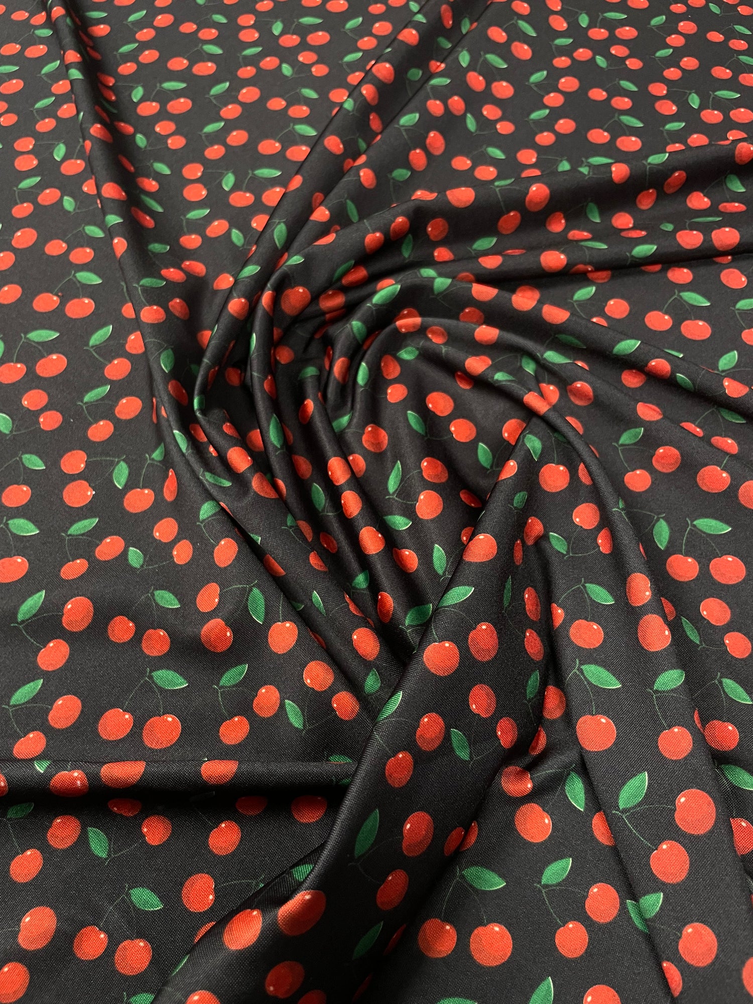 Cherry Print Black Lycra Stretch Fabric by the Metre