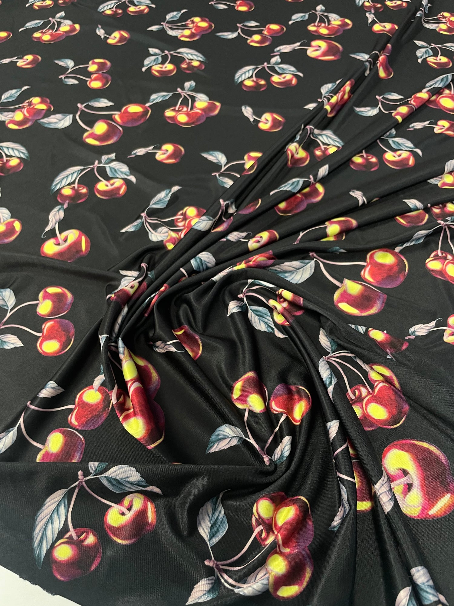 Black Cherry Print Lycra Stretch Fabric by the Metre