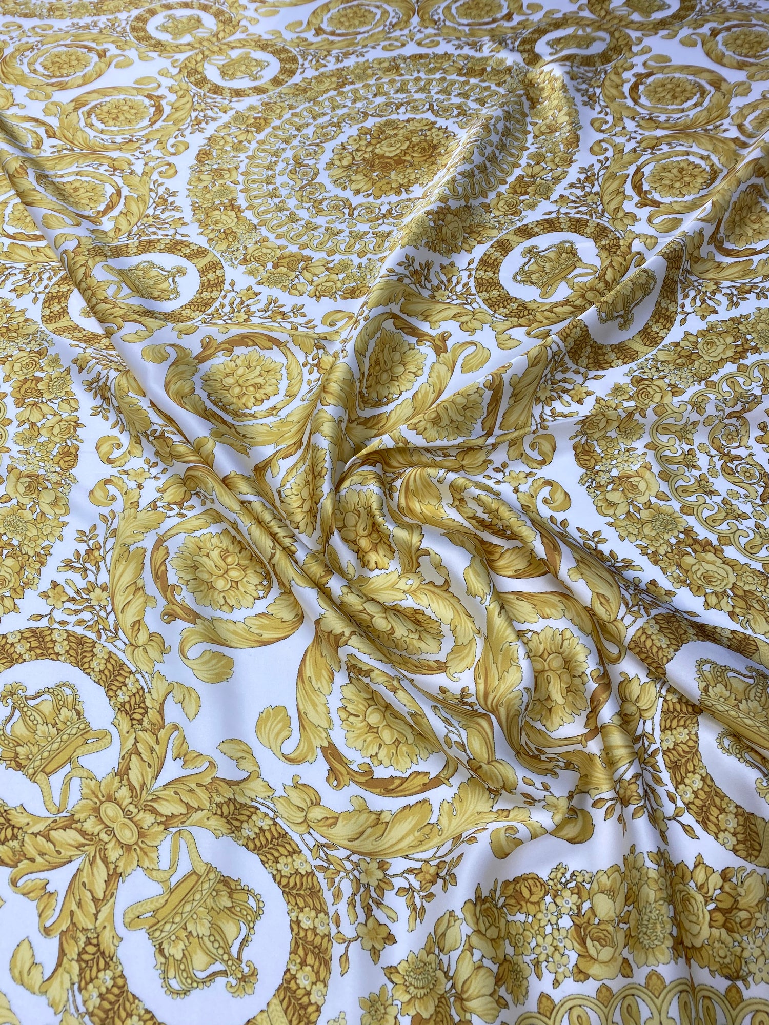 Gold Baroque Medallion Scroll White Fabric by the Metre