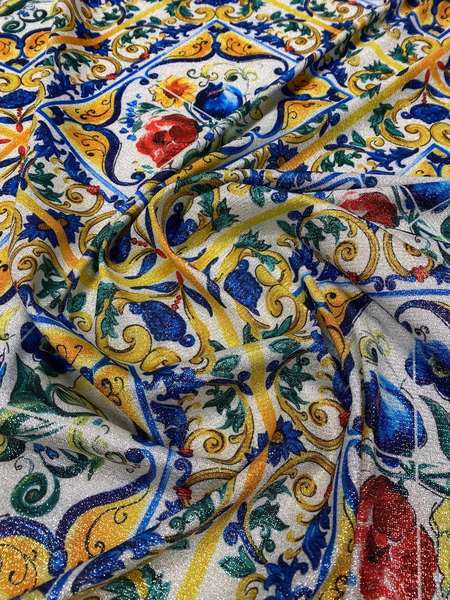 Mediterranean Tile Print Lurex Fabric with Shine