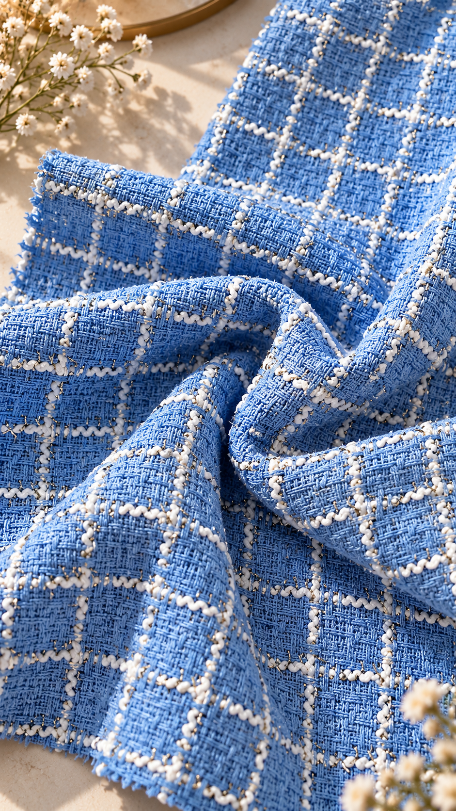 Sky Blue Wool Tweed Fabric – Checked Glitter Suiting by the Metre