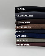 Cotton Modal Fabric by the Metre – Ultra-Soft Breathable Knit for Clothing - Color swatches including Black, Charcoal Gray, Dusty Rose.