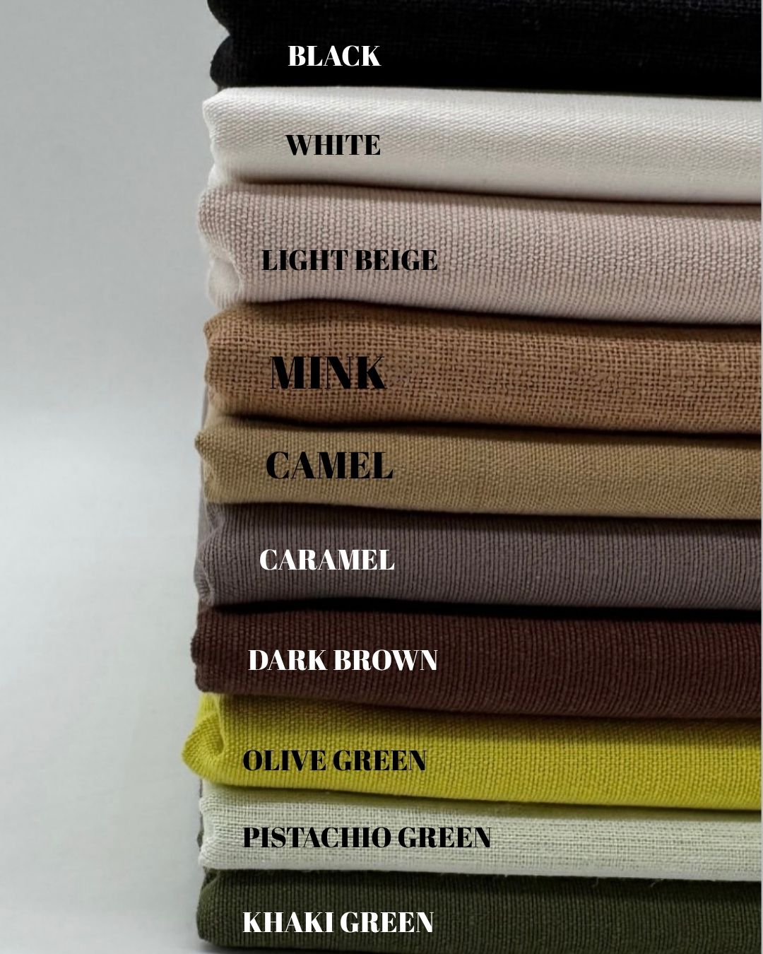 Organic Cotton Linen Fabric by the Metre – Sustainable Natural Blend for Dressmaking & Home Décor color swatches.
