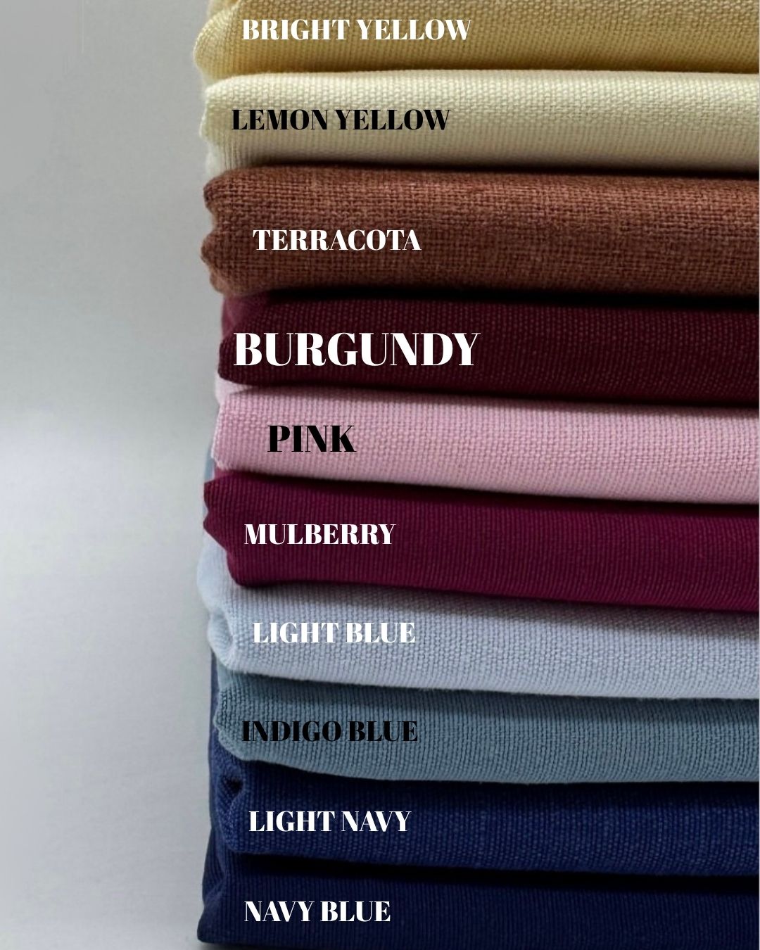 Organic Cotton Linen Fabric by the Metre – Sustainable Natural Blend for Dressmaking & Home Décor color swatches display.