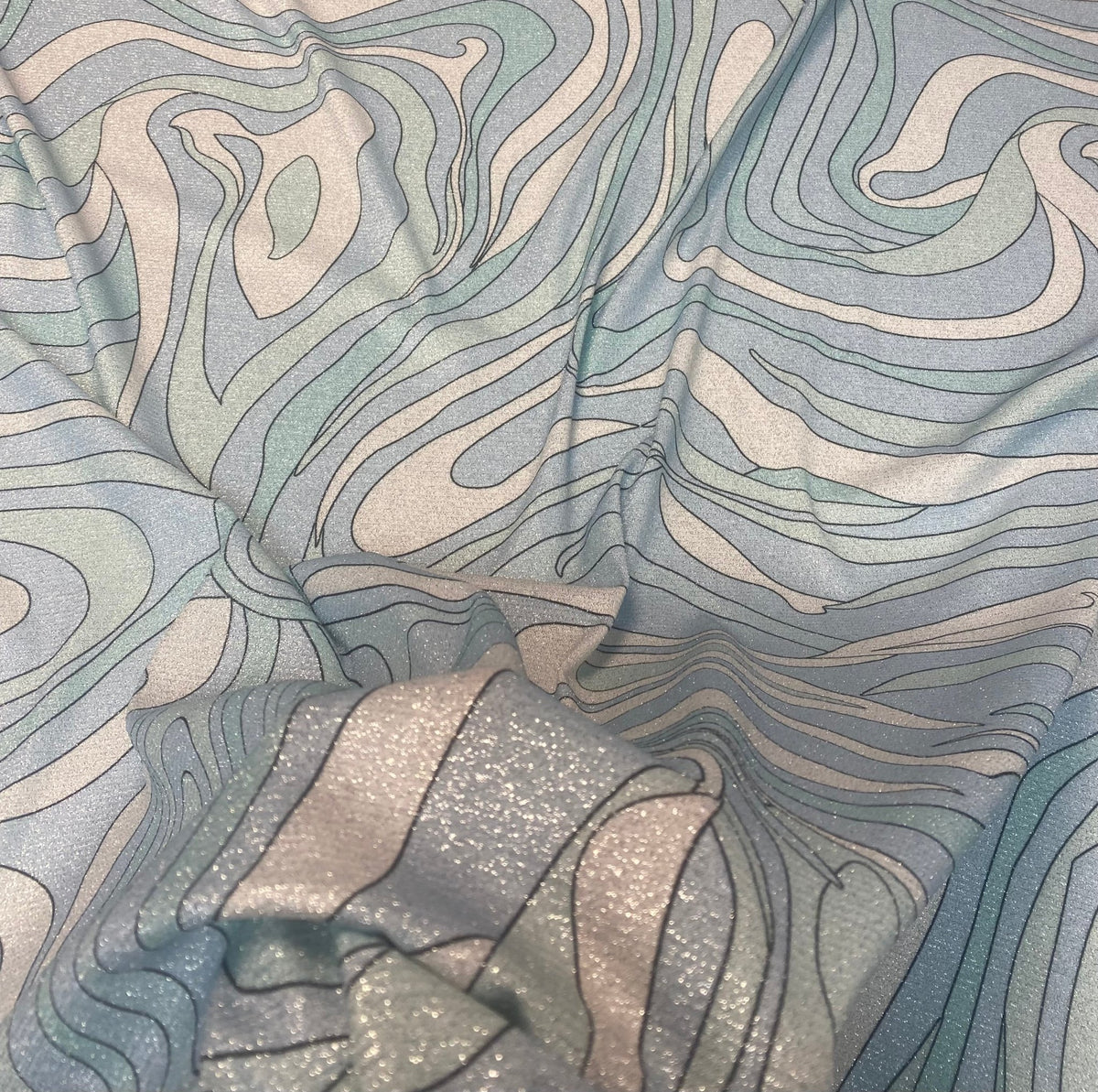 Abstract Baby Blue Swirl Lurex Fabric by the Metre - Whotex Fabrics London