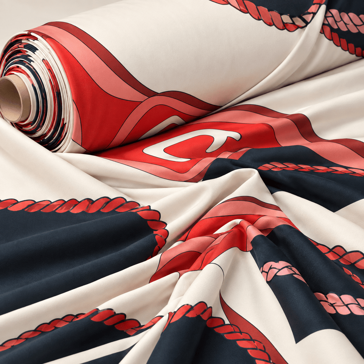 Abstract Chain Print Fabric in Coral & Black by the Metre - Whotex Fabrics London