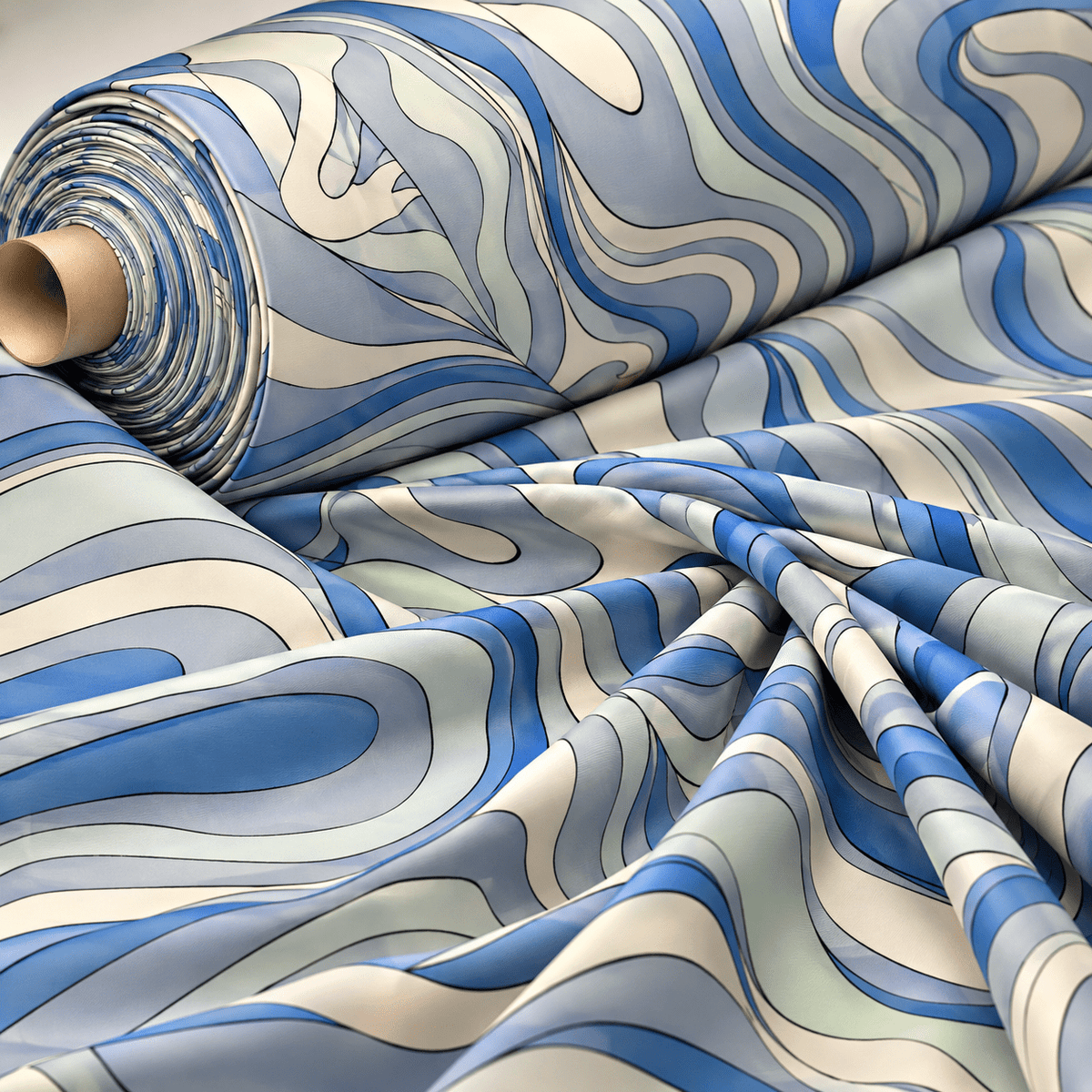 Abstract Pattern Fabric in Blue and Grey by the Metre - Whotex Fabrics London